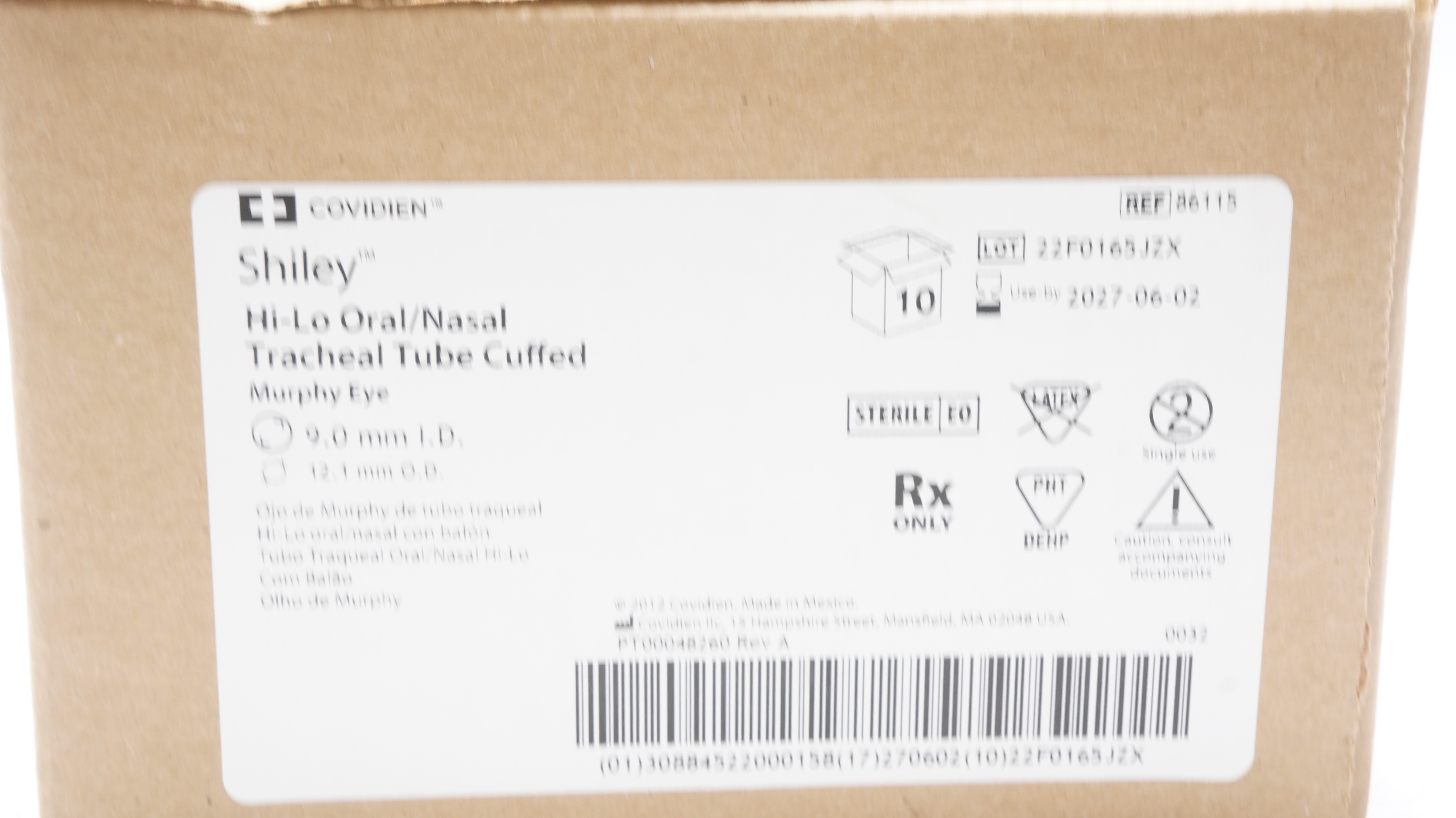 Covidien 86115 Shiley Hi-Lo Oral/Nasal Tracheal Tube 9.0ID x 12.1mmOD- Box of 10