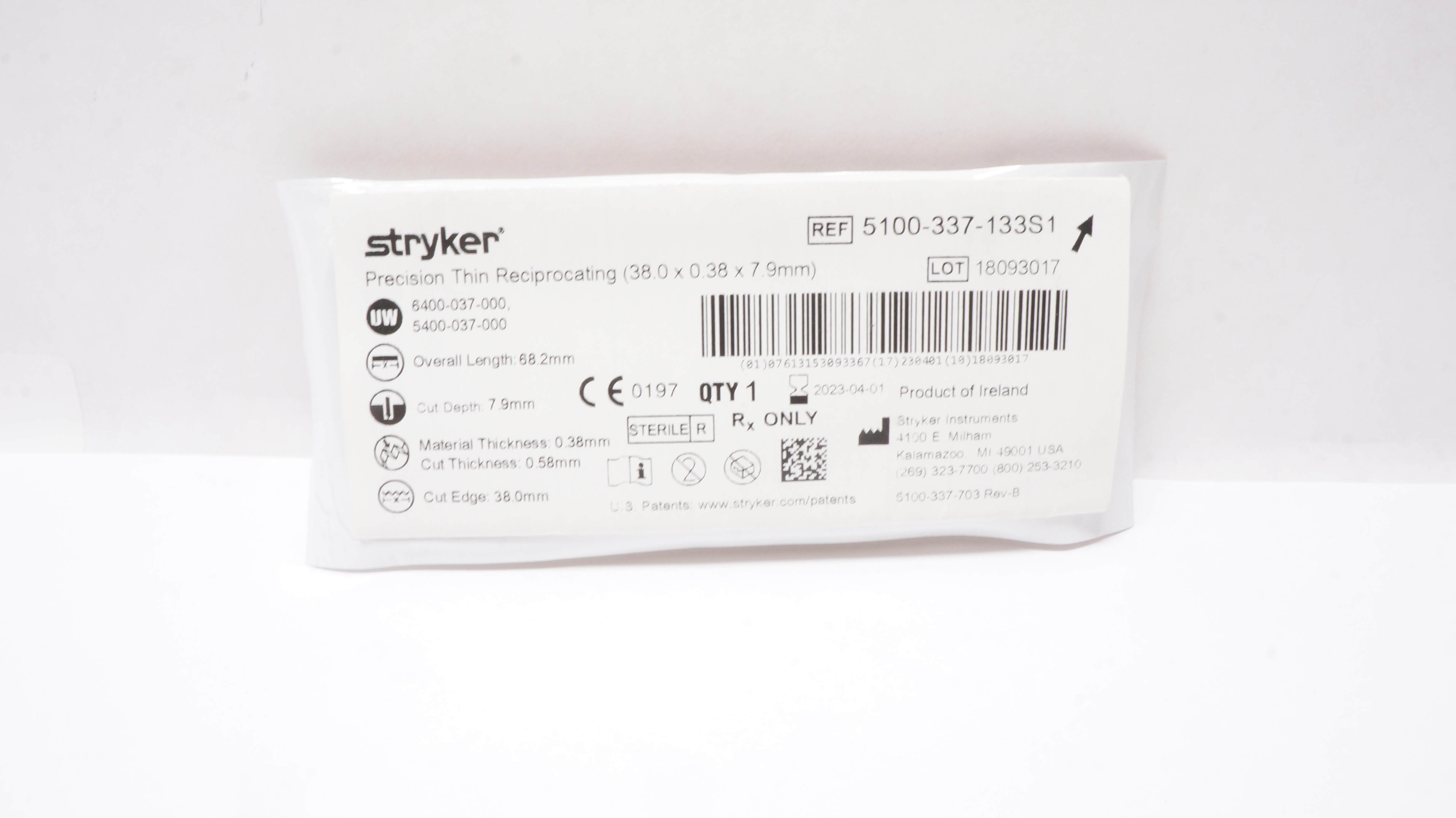 Stryker 5100-337-133S1 Tapered Micro Reciprocating Blade 38.0 x 0.38 x 7.9mm (x)