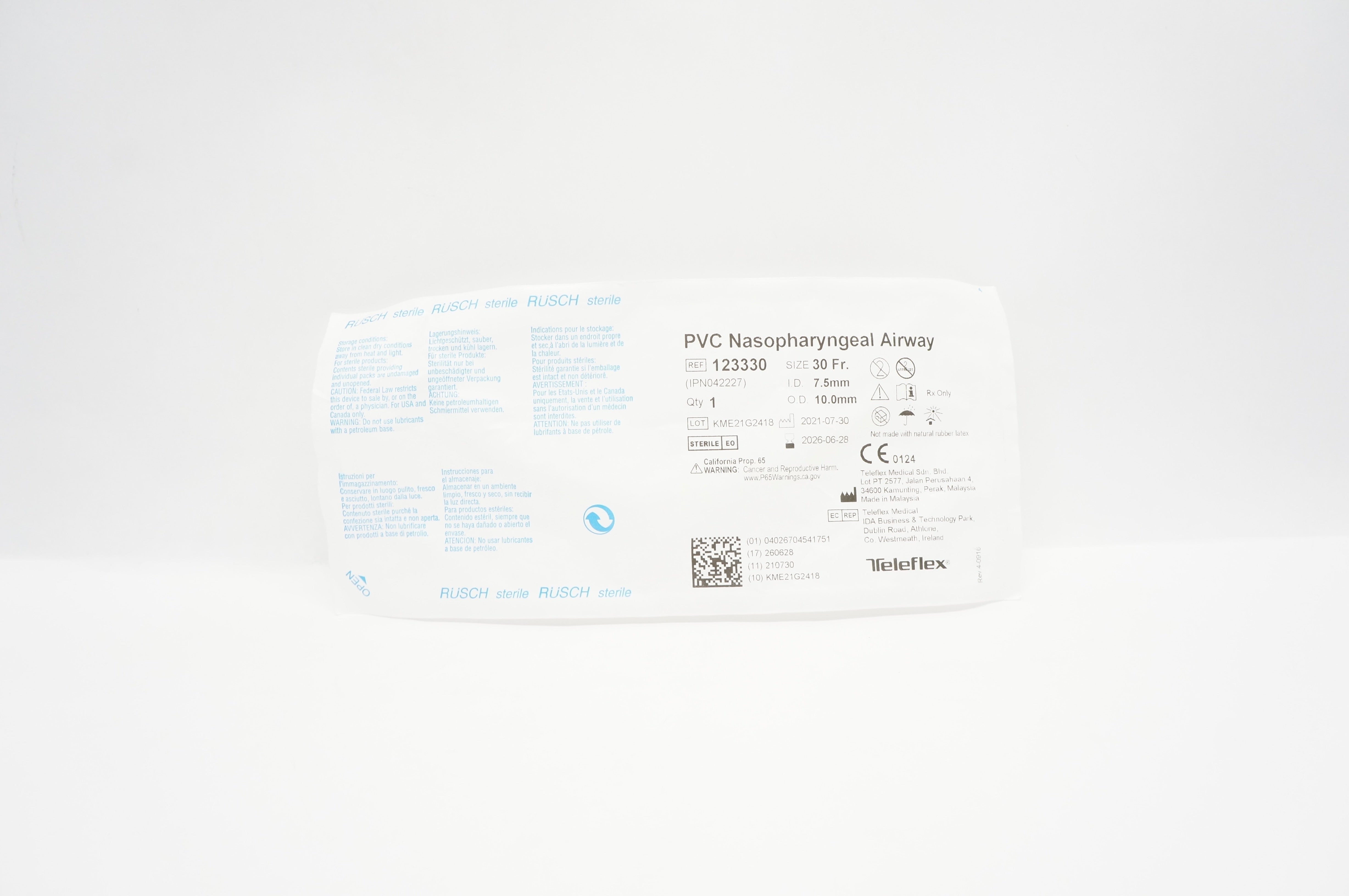 Teleflex 123330 Rusch PVC Nasopharyngeal Airway 30Fr x 7.5mm I.D. x 10.0 O.D. mm