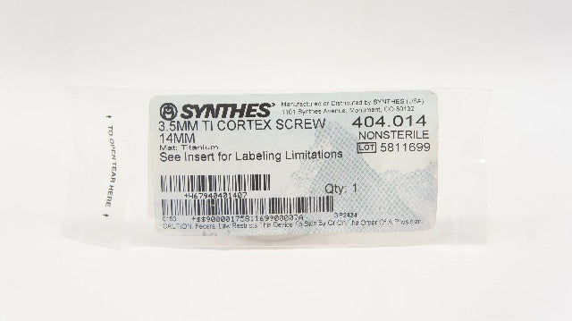 Synthes 404.014 3.5mm TI Cortex Screw Titanium 14mm