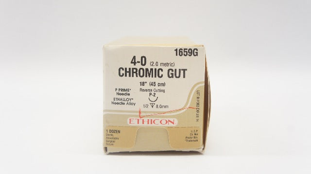 Ethicon 1659G 4-0 Chromic Gut Surgical Stre P-2 1/2c 8.0mm 18inch (x) - Box of 12