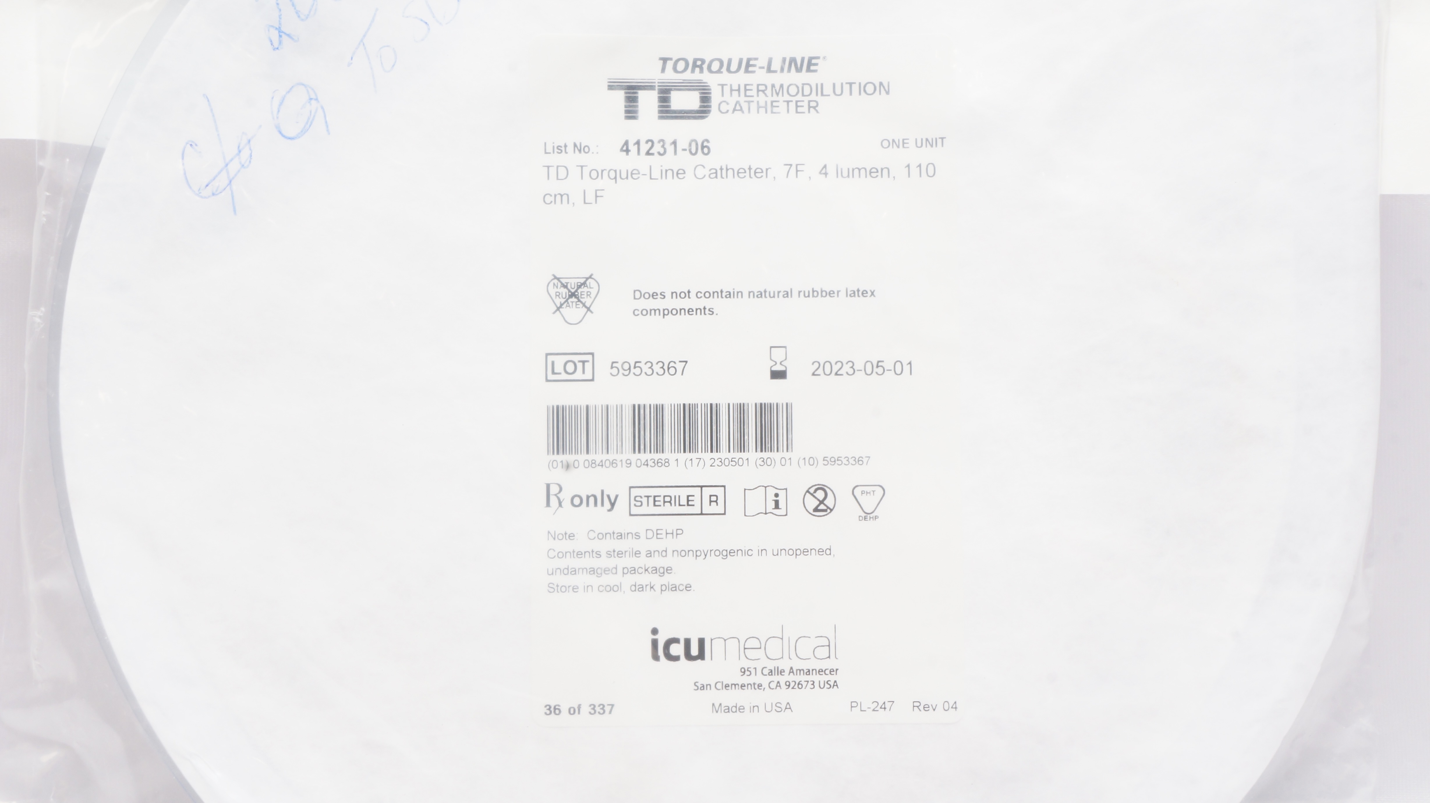 ICU Medical 41231-06 Torque-Line Thermodilution Cath. 4 Lumen 7F x 110cm (x)
