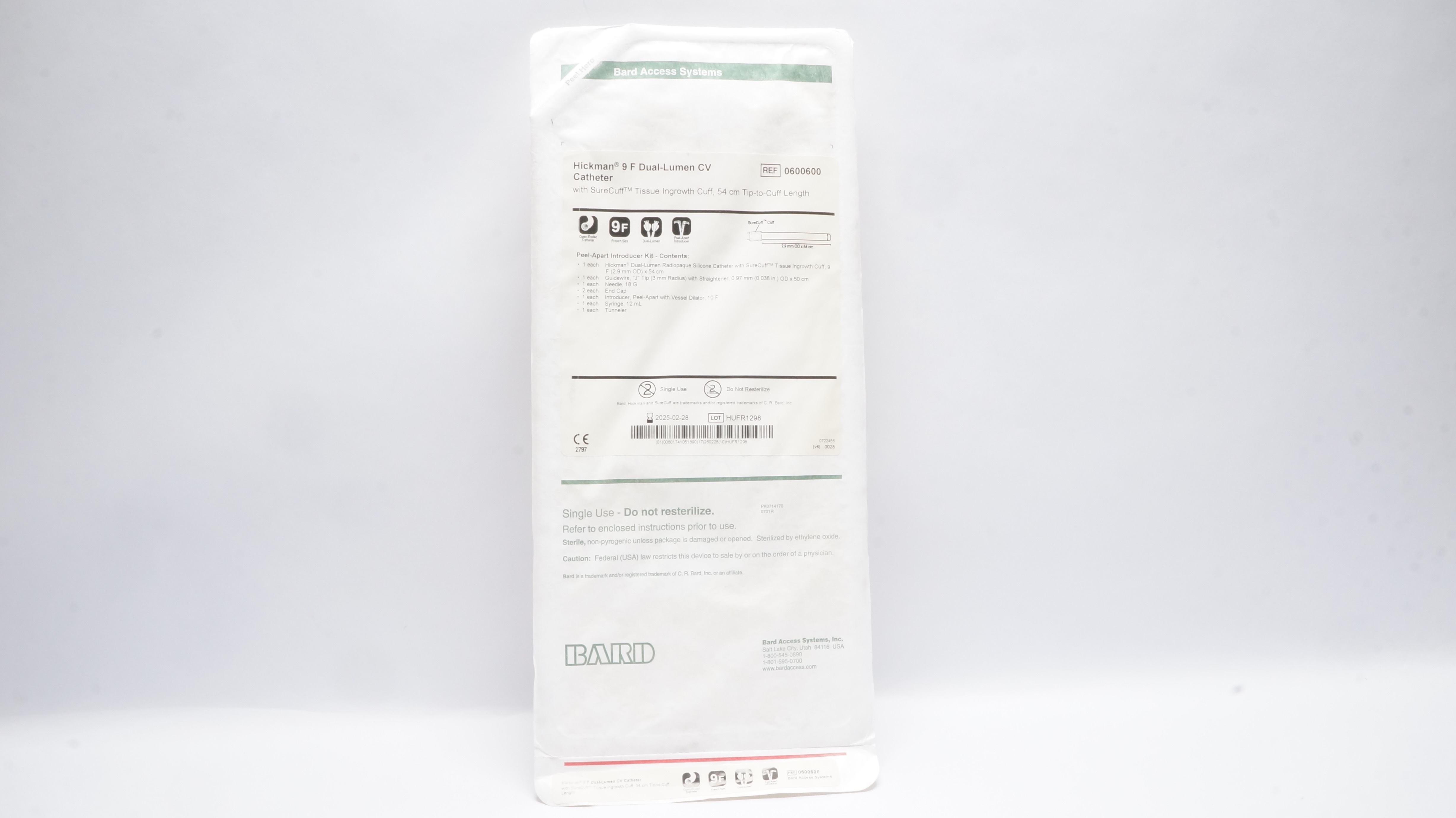Bard 0600600 Hickman Dual-Lumen CV Cath. 9F