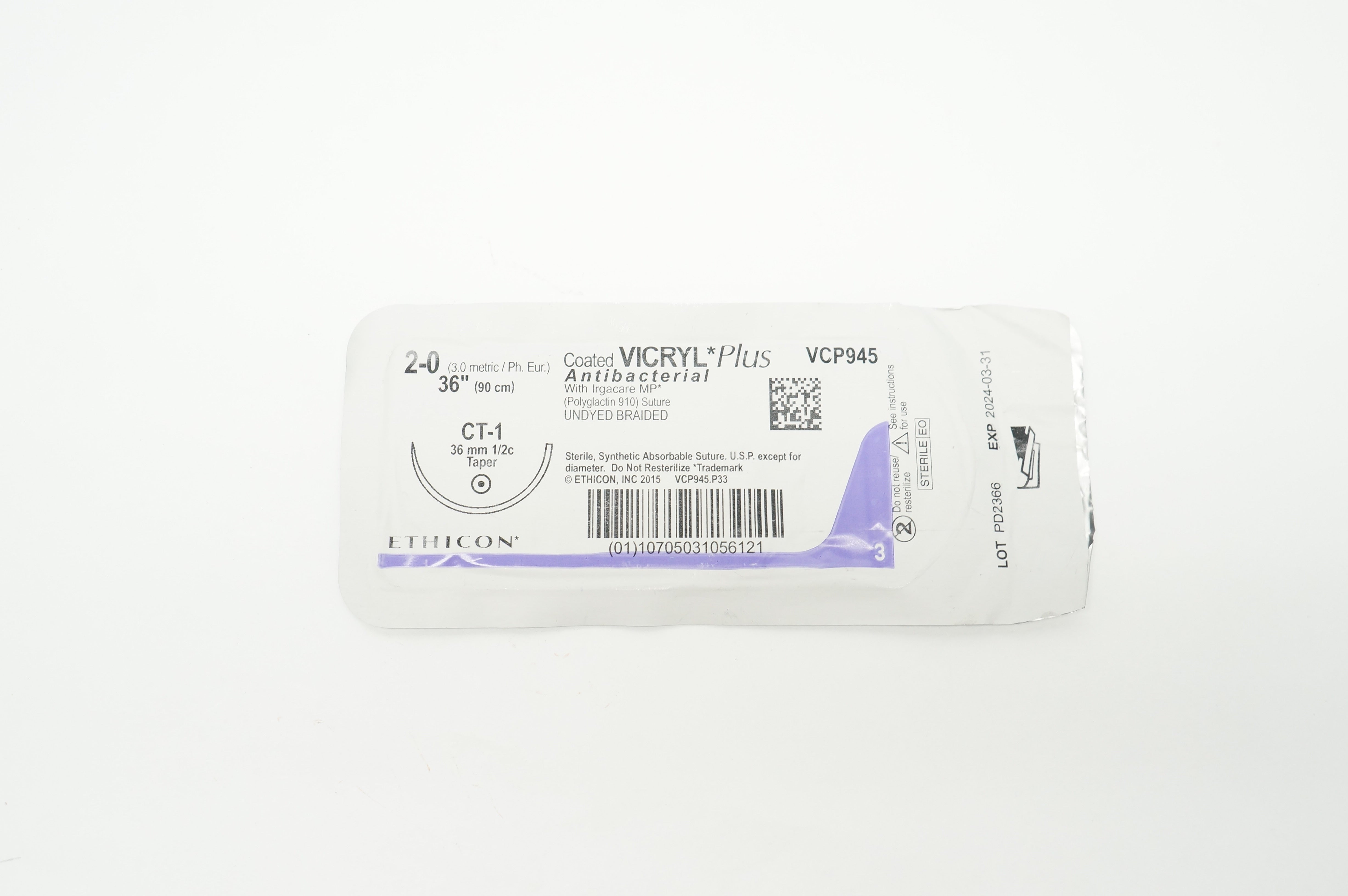 Ethicon VCP945 2-0 VICRYL Plus CT-1 36mm 1/2c Taper 36inch (x)