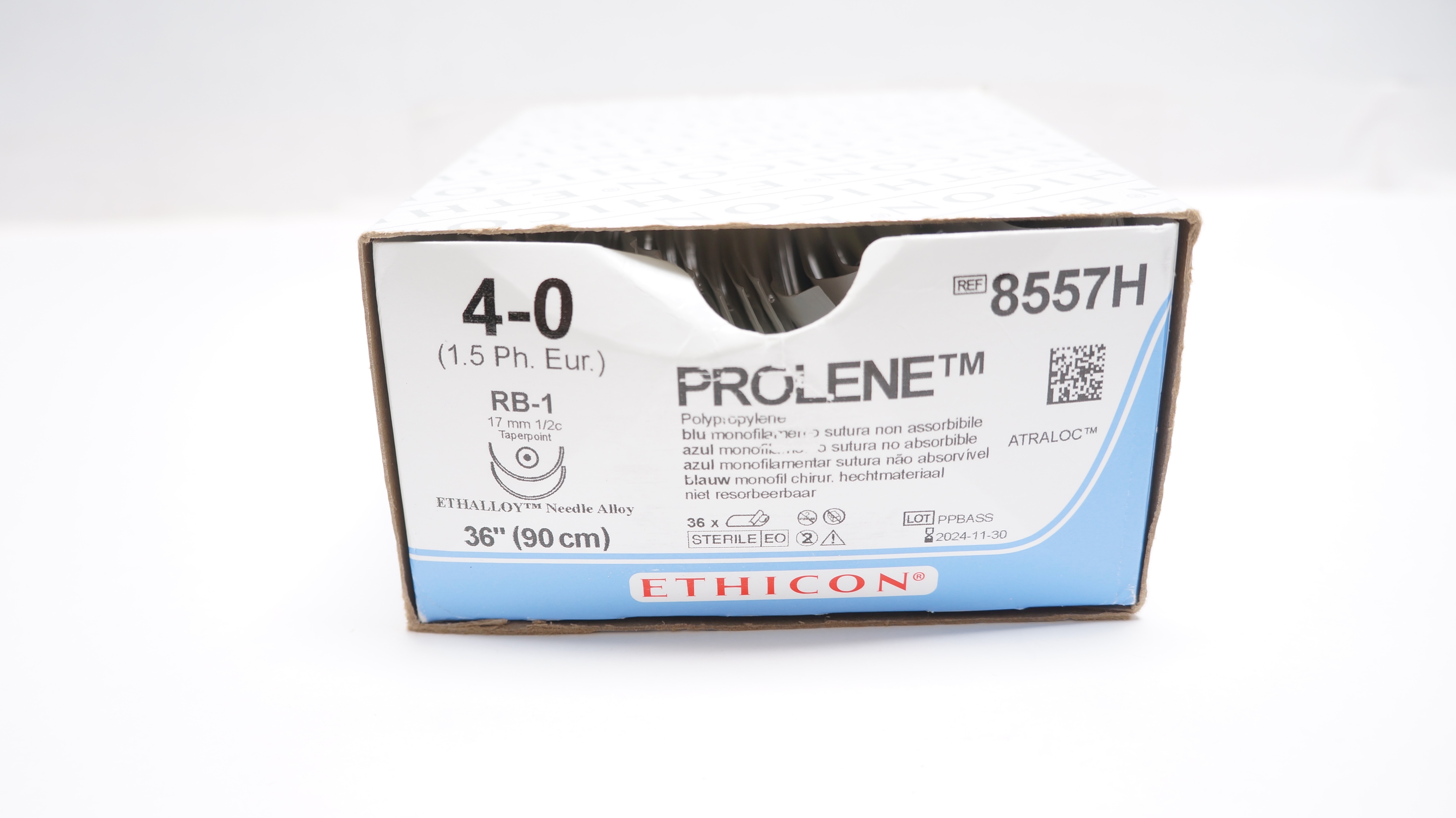 Ethicon 8557H 4-0 PROLENE Stre RB-1 17mm 1/2c Taperpoint 36 inch - Box of 21