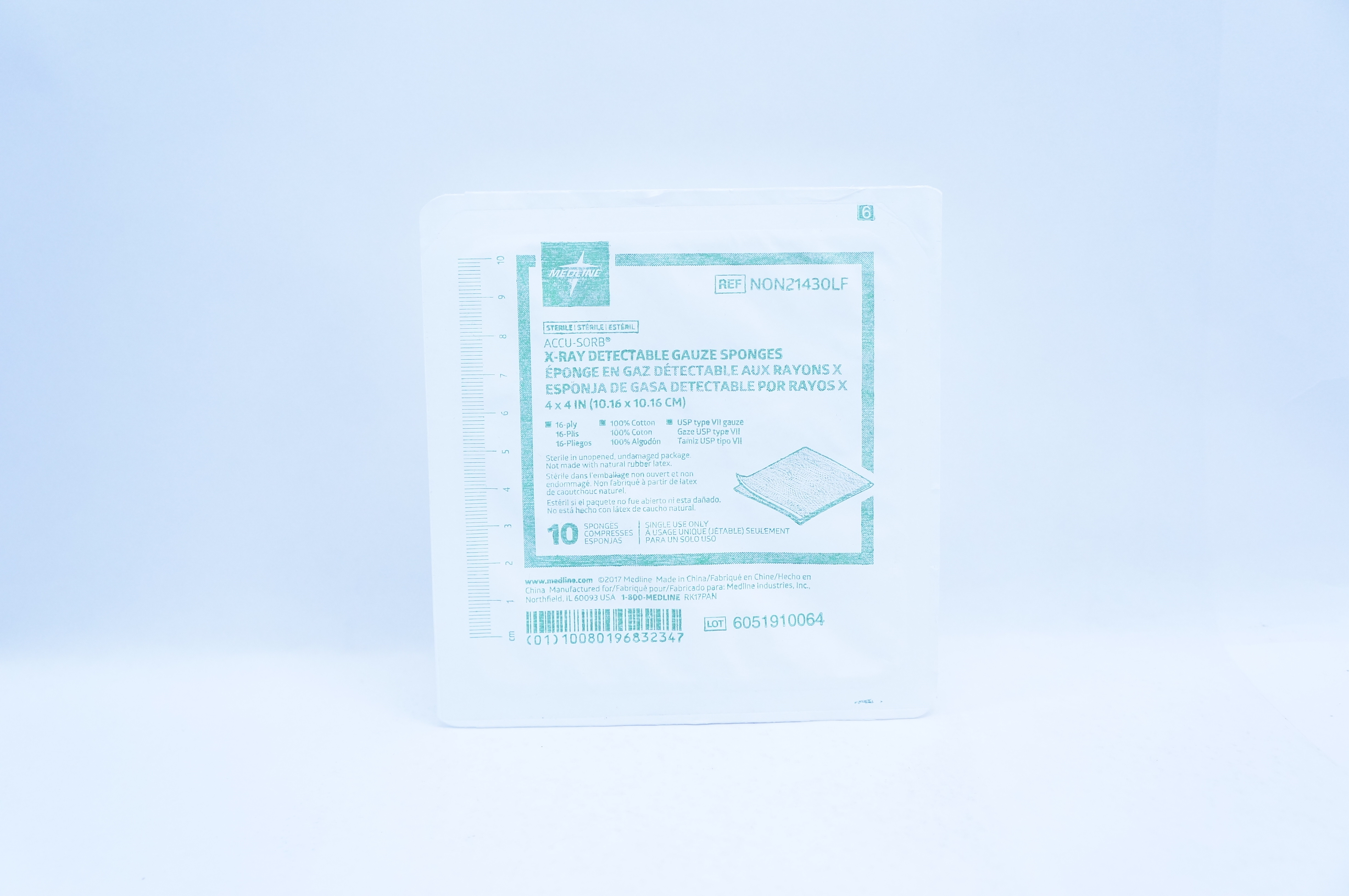 Medline NON21430LF Accu-Sorb X-Ray Detectable Gauze Sponges 4inx4in - Pack of 10