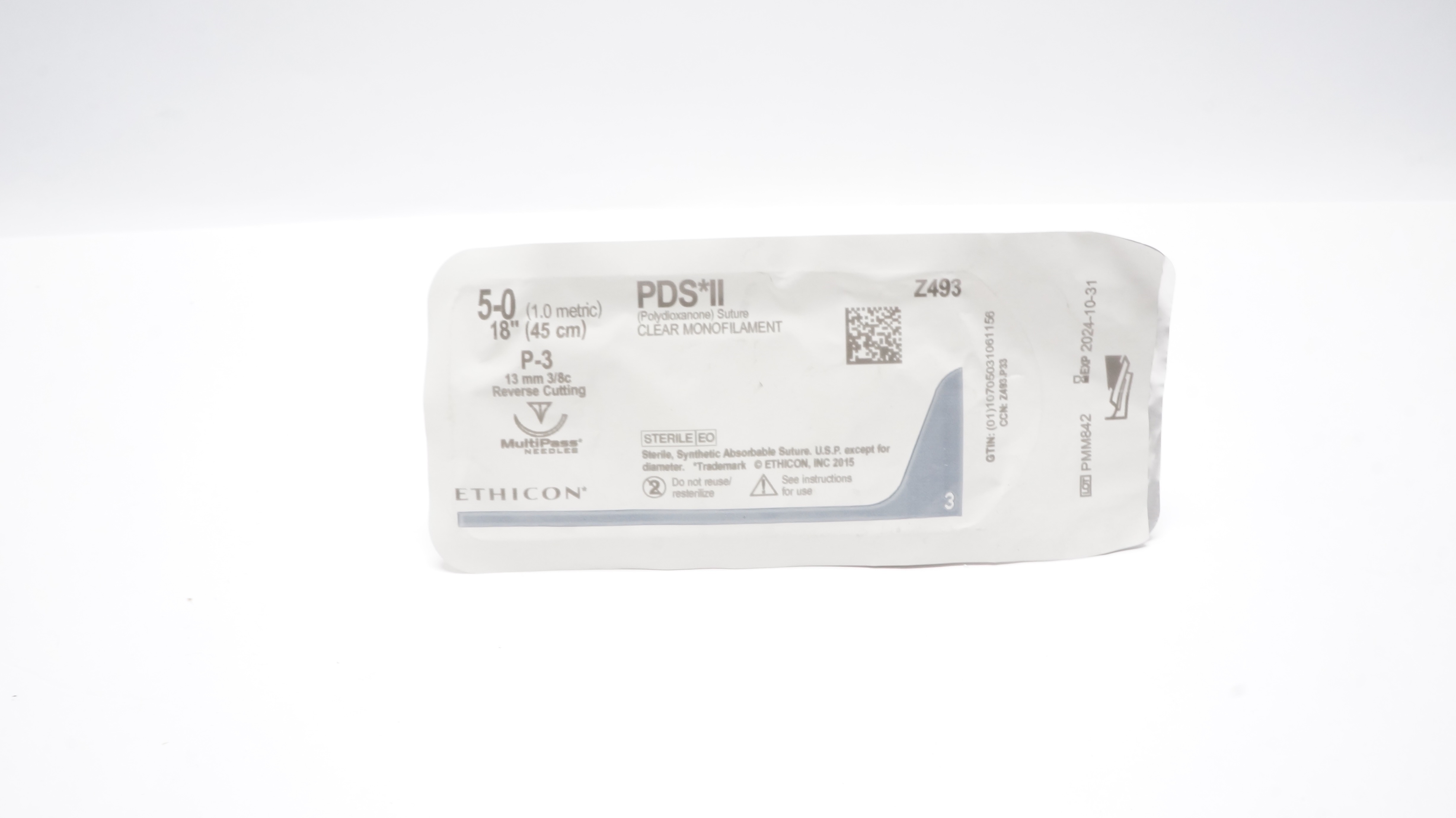 Ethicon Z493 5-0 PDS II Polydioxanone Stre P-3 13mm 3/8c Reverse Cutting, 18inch (x)