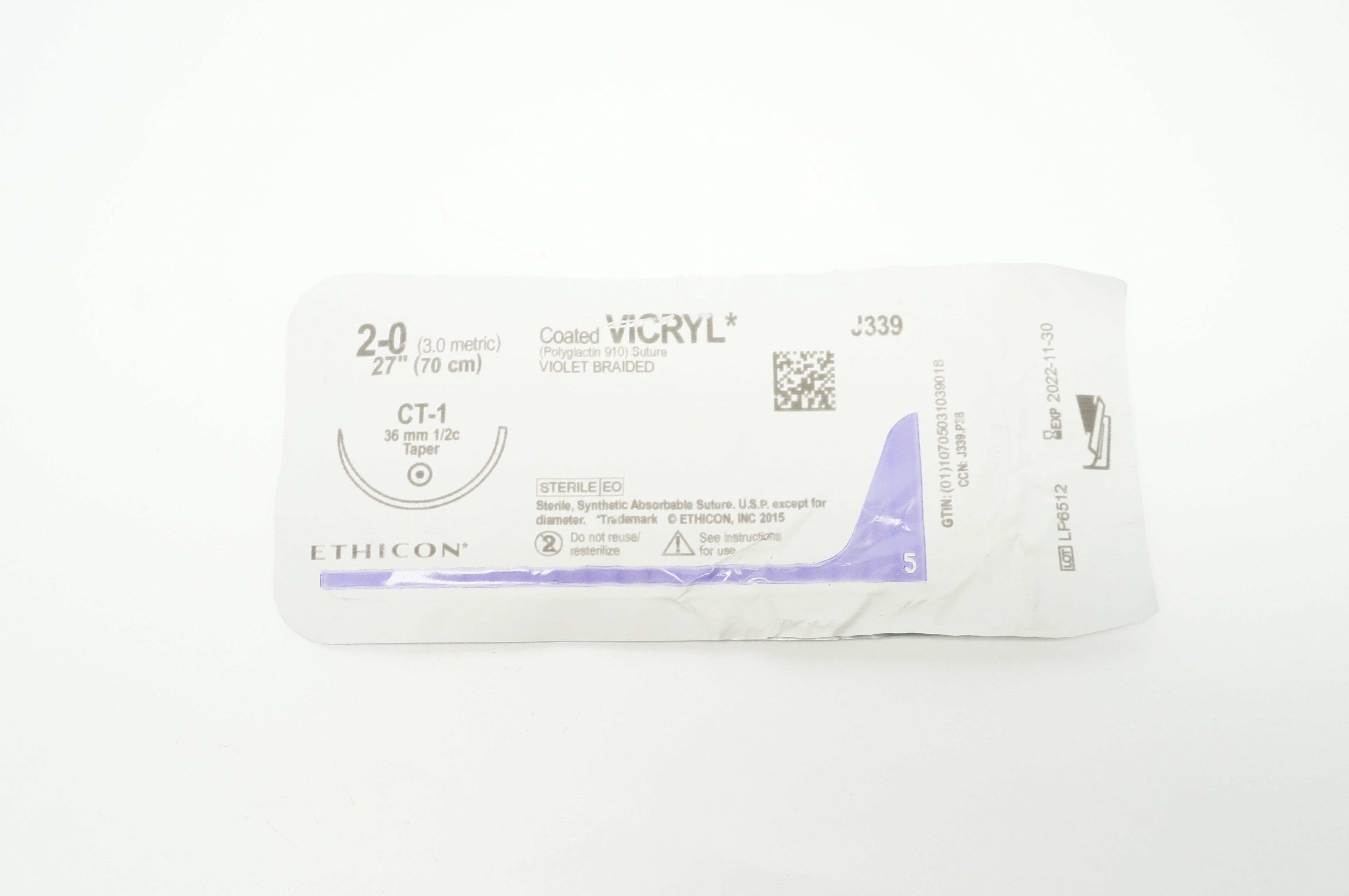 Ethicon J339 2-0 Coated VICRYL CT-1 36mm 1/2c Taper 27inch (x)