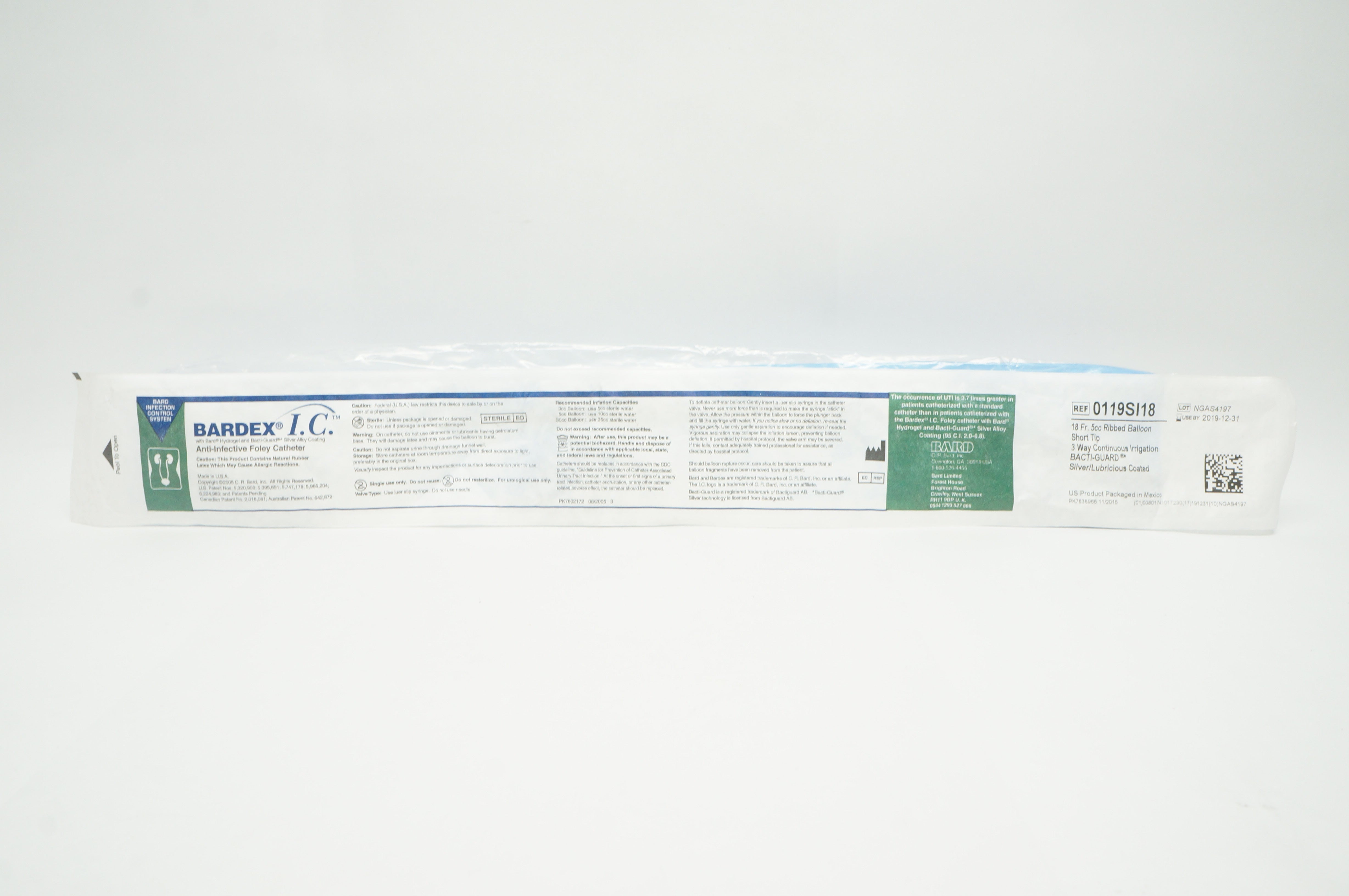 Bard 0119SI18 Bardex Anti-Infective Foley Cath.3-Way 5cc Ribbed Ballon 18Fr.(x)