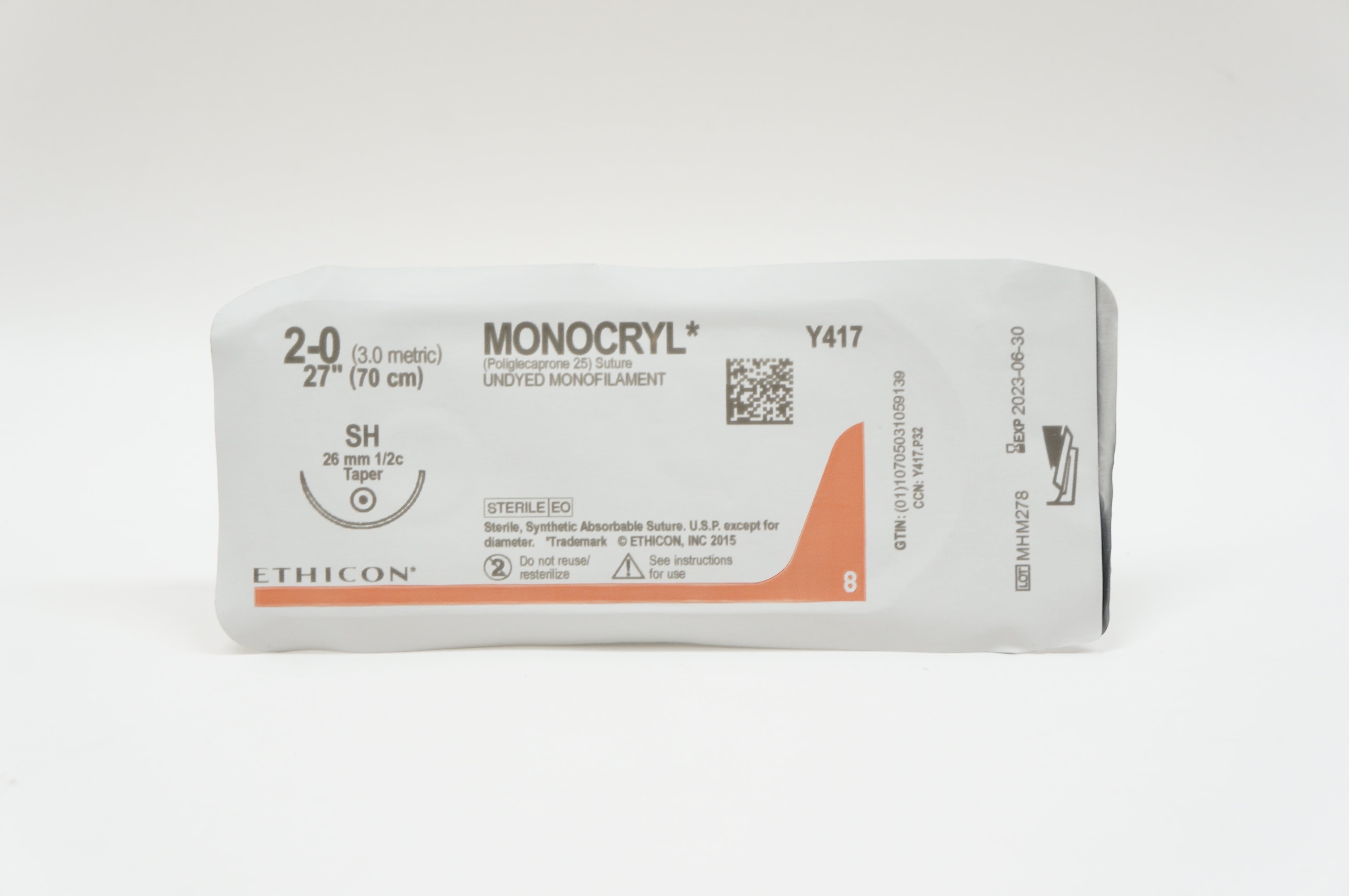 Ethicon Y417 2-0 MONOCRYL, SH, 26mm1/2c Taper, 27inch