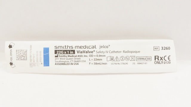 Smiths Medical 3260 Jelco ViaValve Safety I.V. Cath. 22G x 1 inch