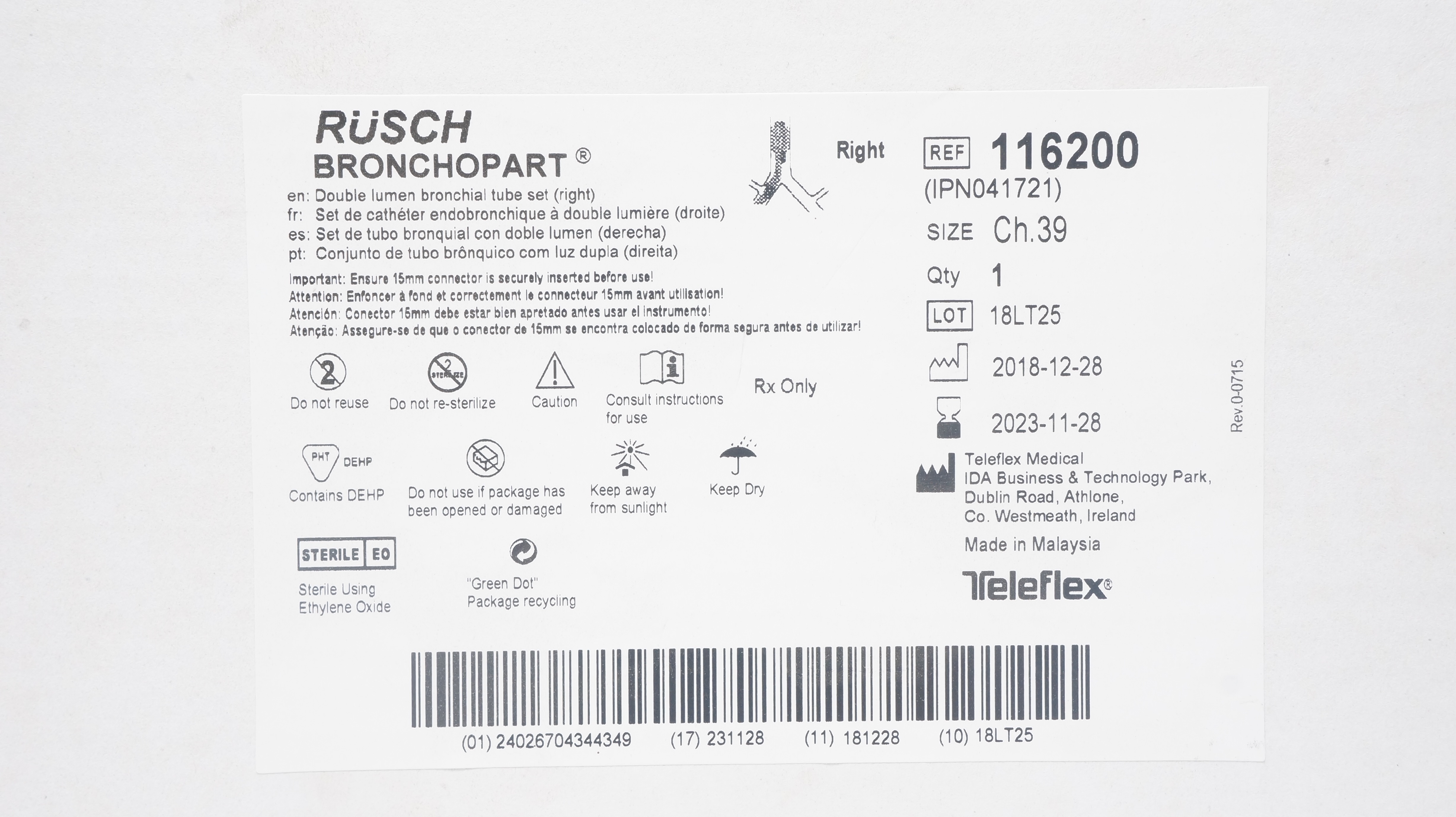 Teleflex 116200 Rusch Bronchopart Double Lumen Bronchial Tube Set 39Ch (x)