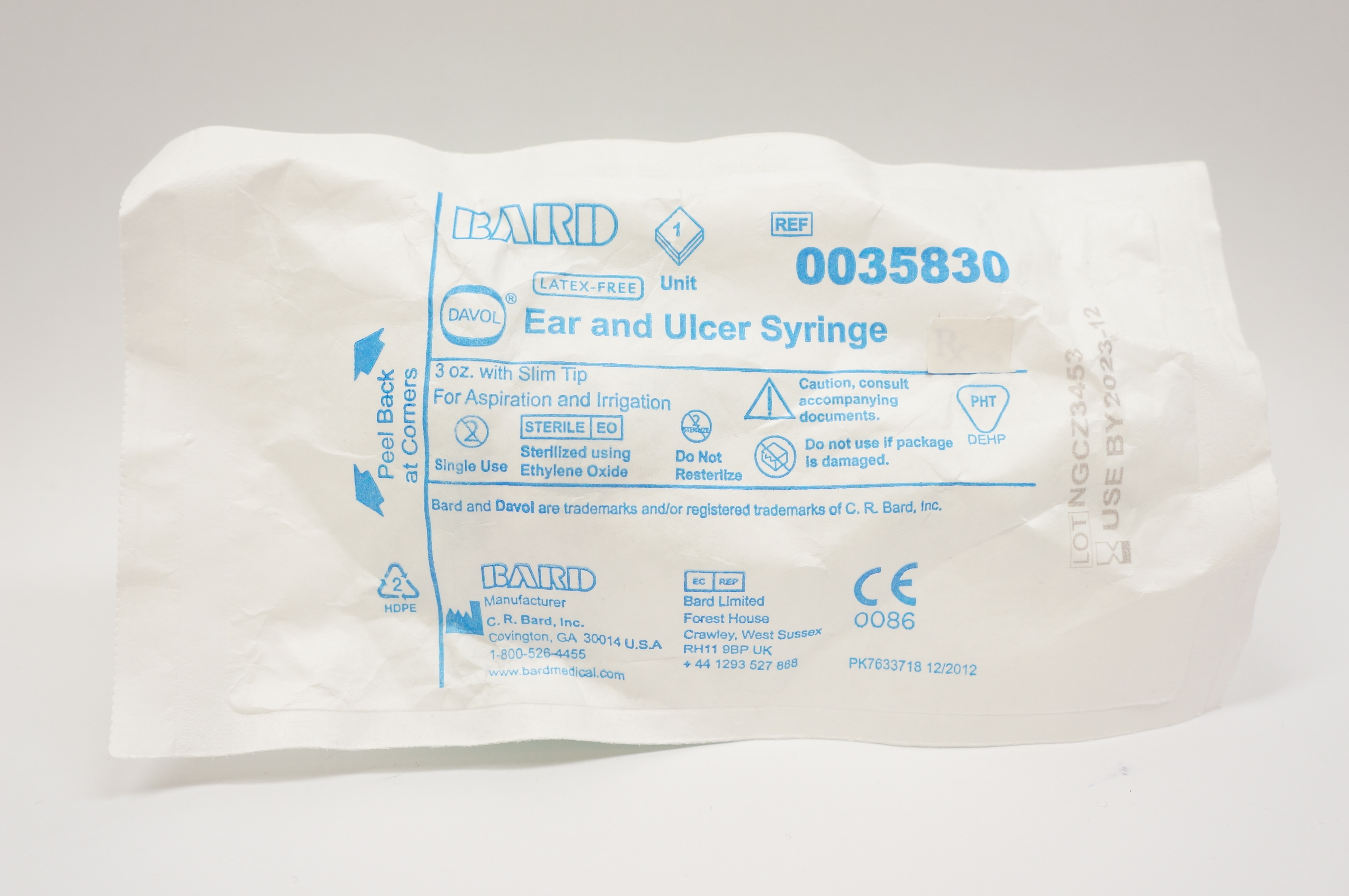 Bard 0035830 Davol Ear and Ulcer Syringe 3oz. with Slim Tip For Aspiration