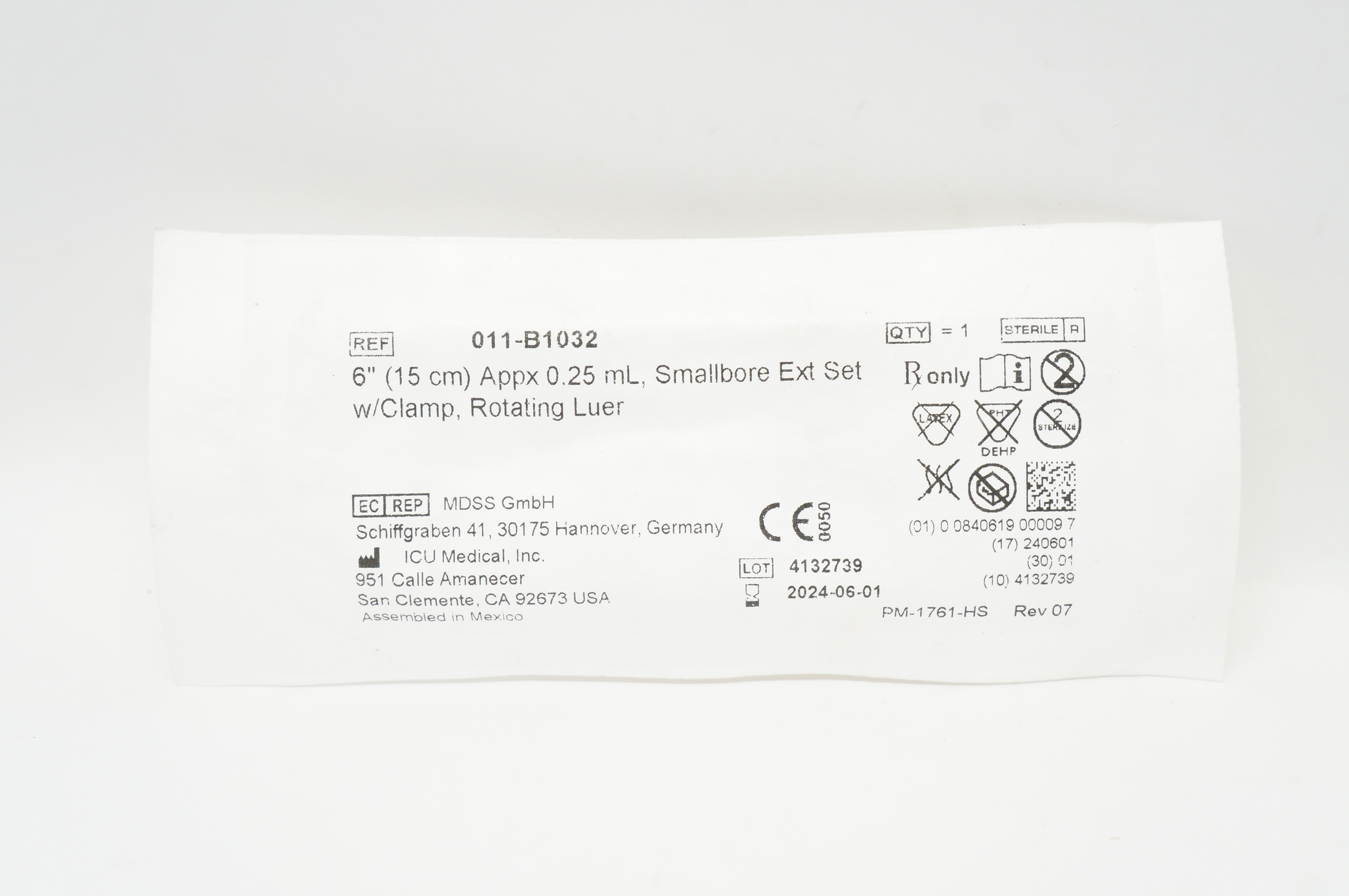 ICU Medical 011-B1032 Smallbore Extension Set 6 inch Appx. 0.25mL