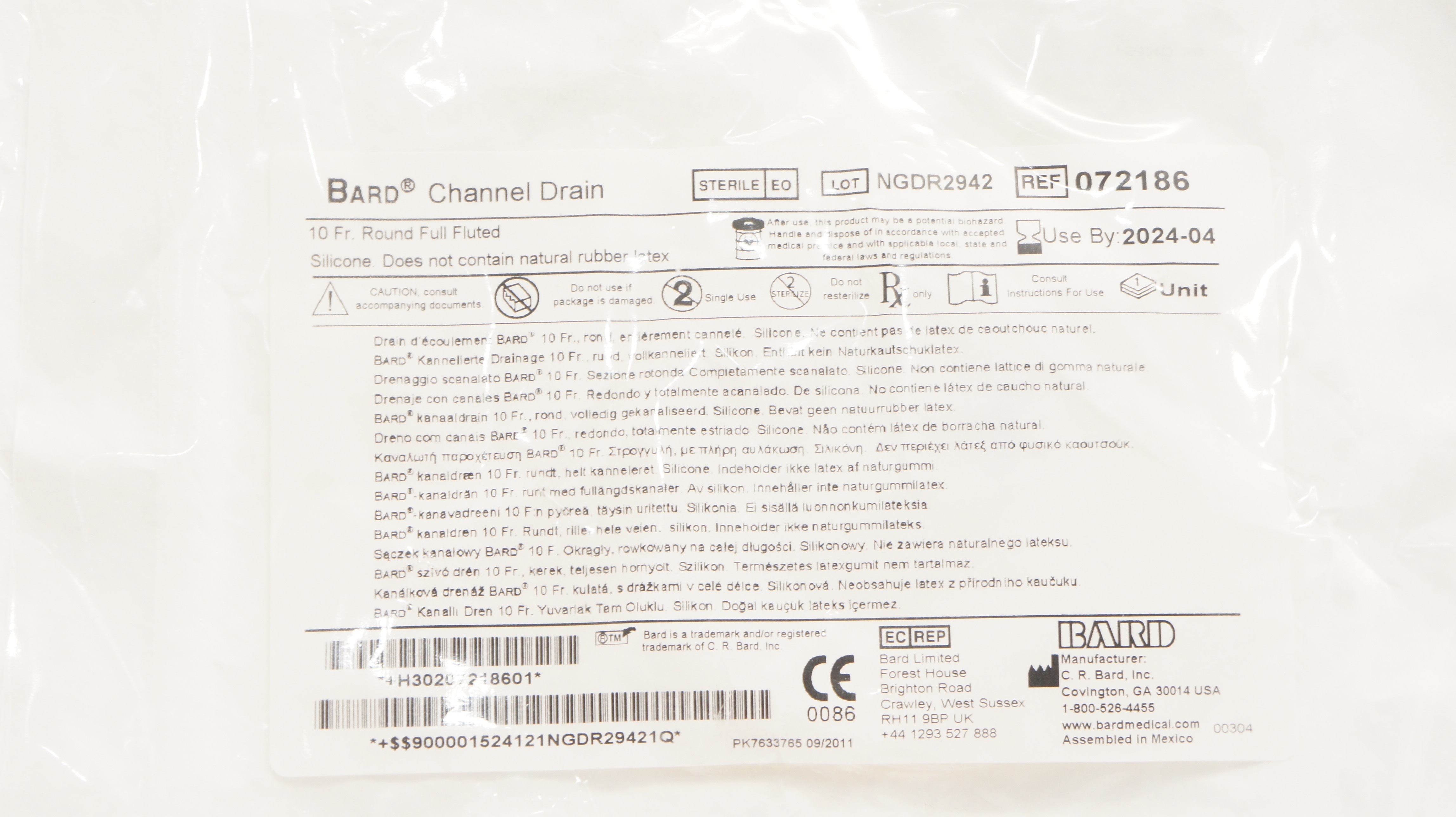 Bard 072186 Channel Drain Round Full Fluted 10Fr