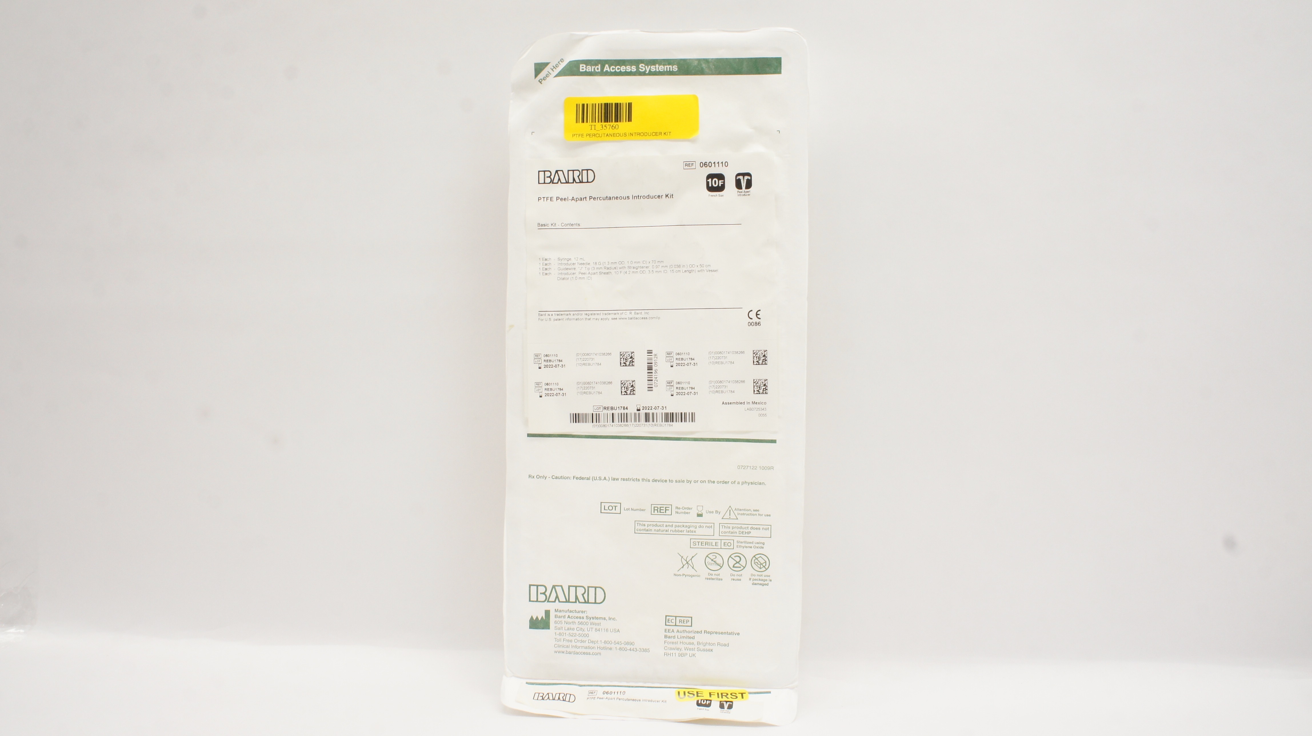 Bard 0601110 PTFE Peel-Apart Percutaneous Introducer Kit 10 Fr (x)