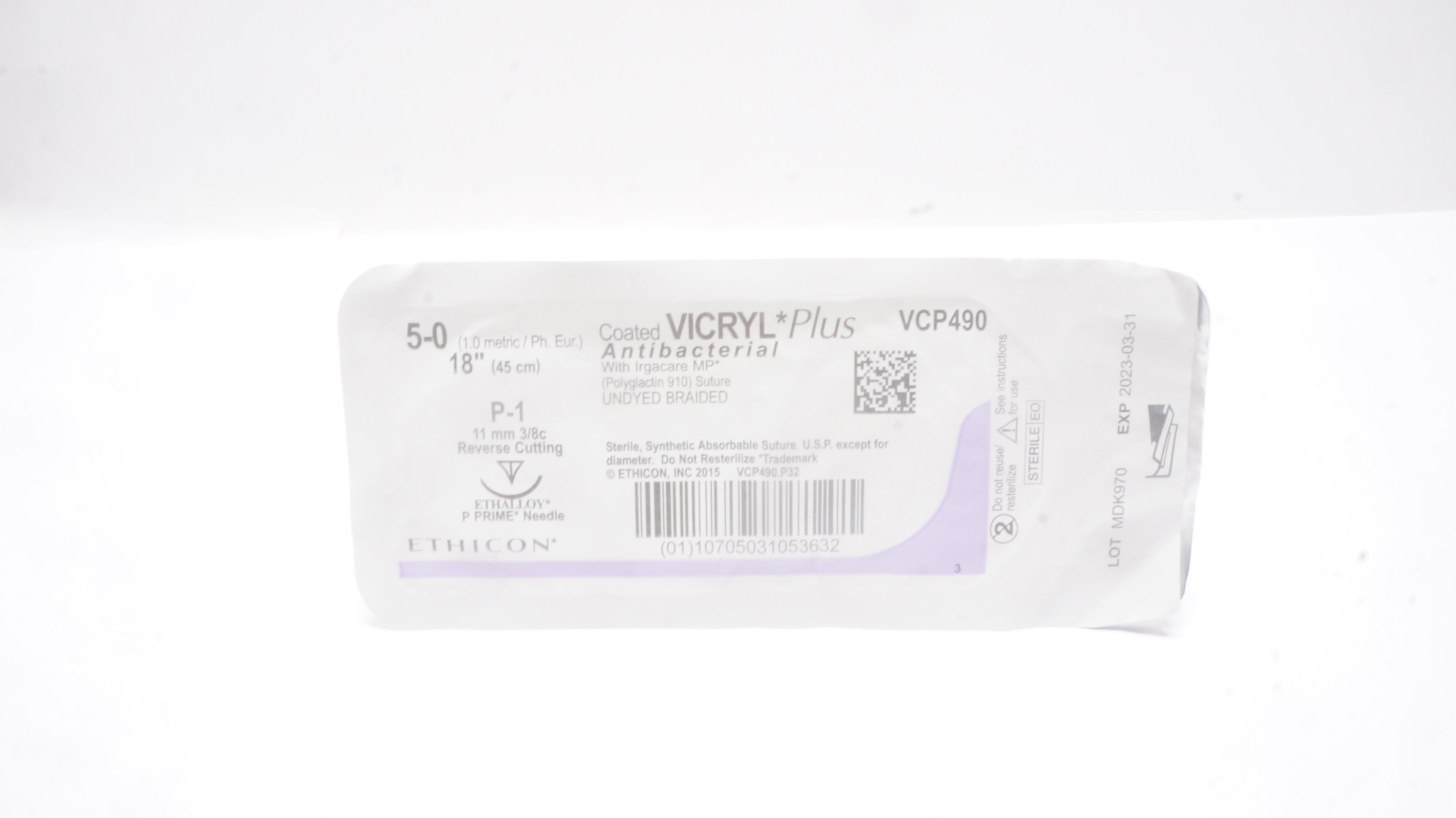 Ethicon VCP490 5-0 VICRYL Plus P-1 11mm 3/8c Reverse Cutting 18inch (x)