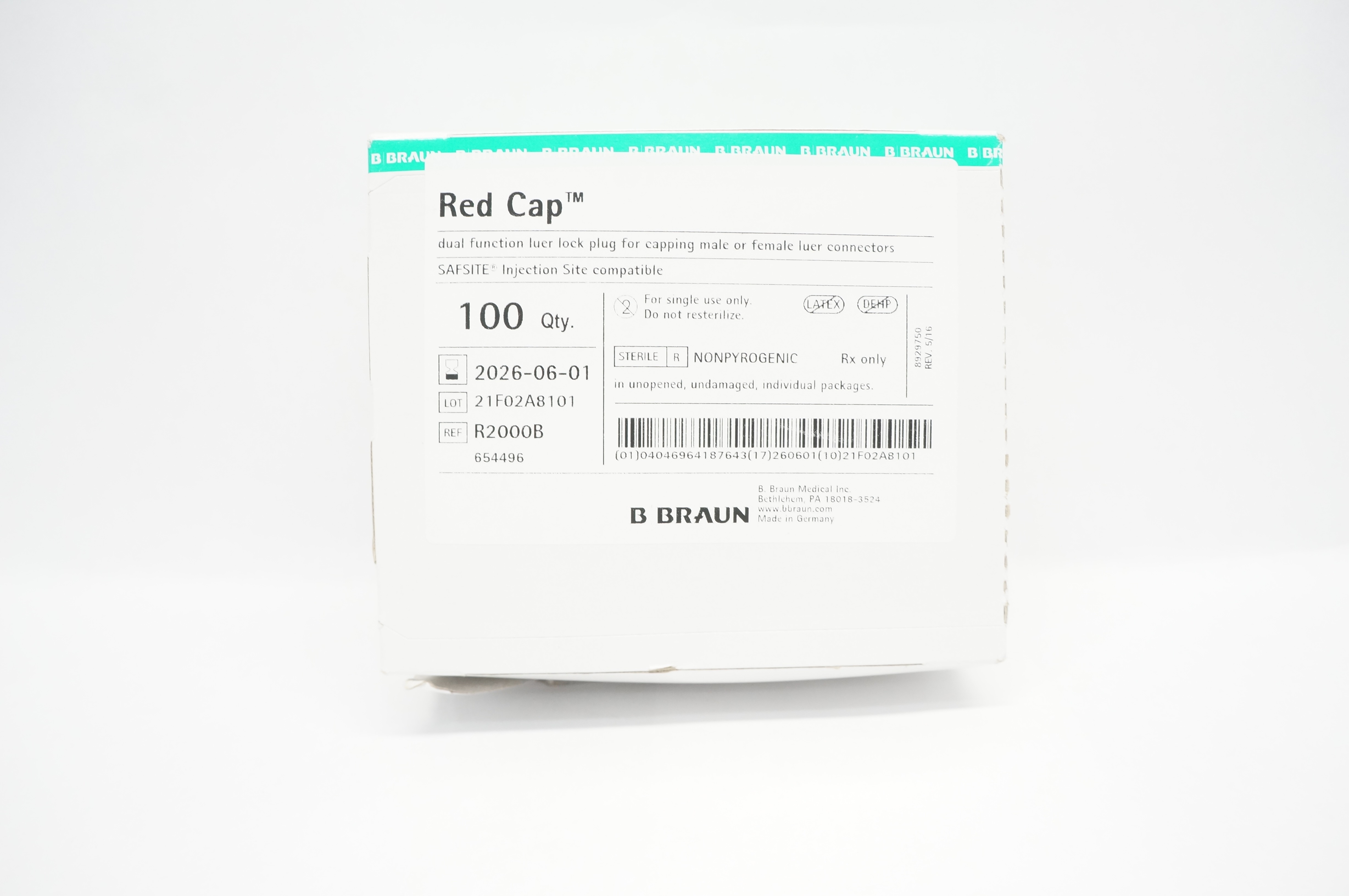 Braun R2000B Red Cap Dual Function Luer Lock Plug - Box of 100