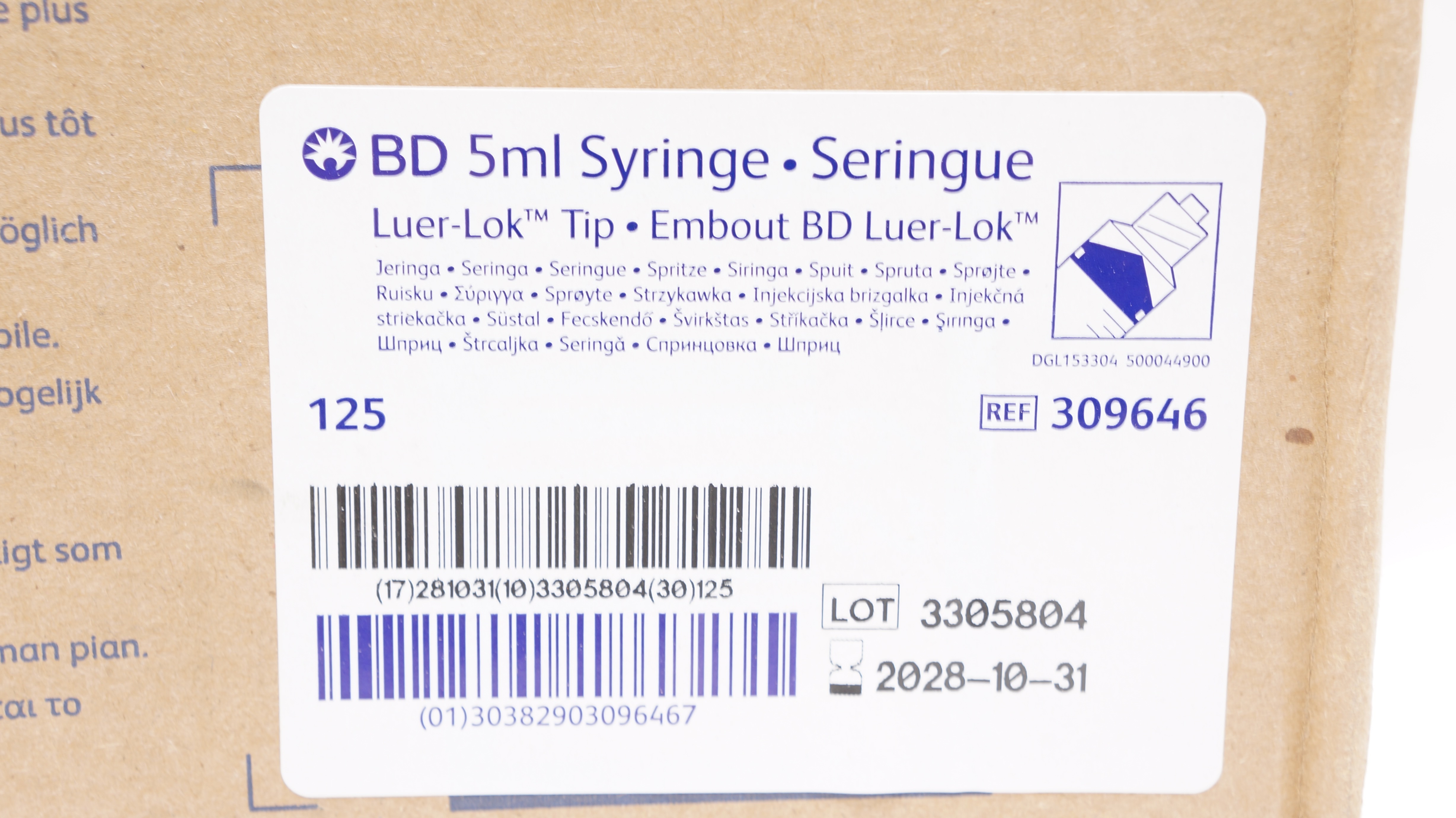 BD 309646 Luer-Loc Tip Syringe 5ml - box of 125
