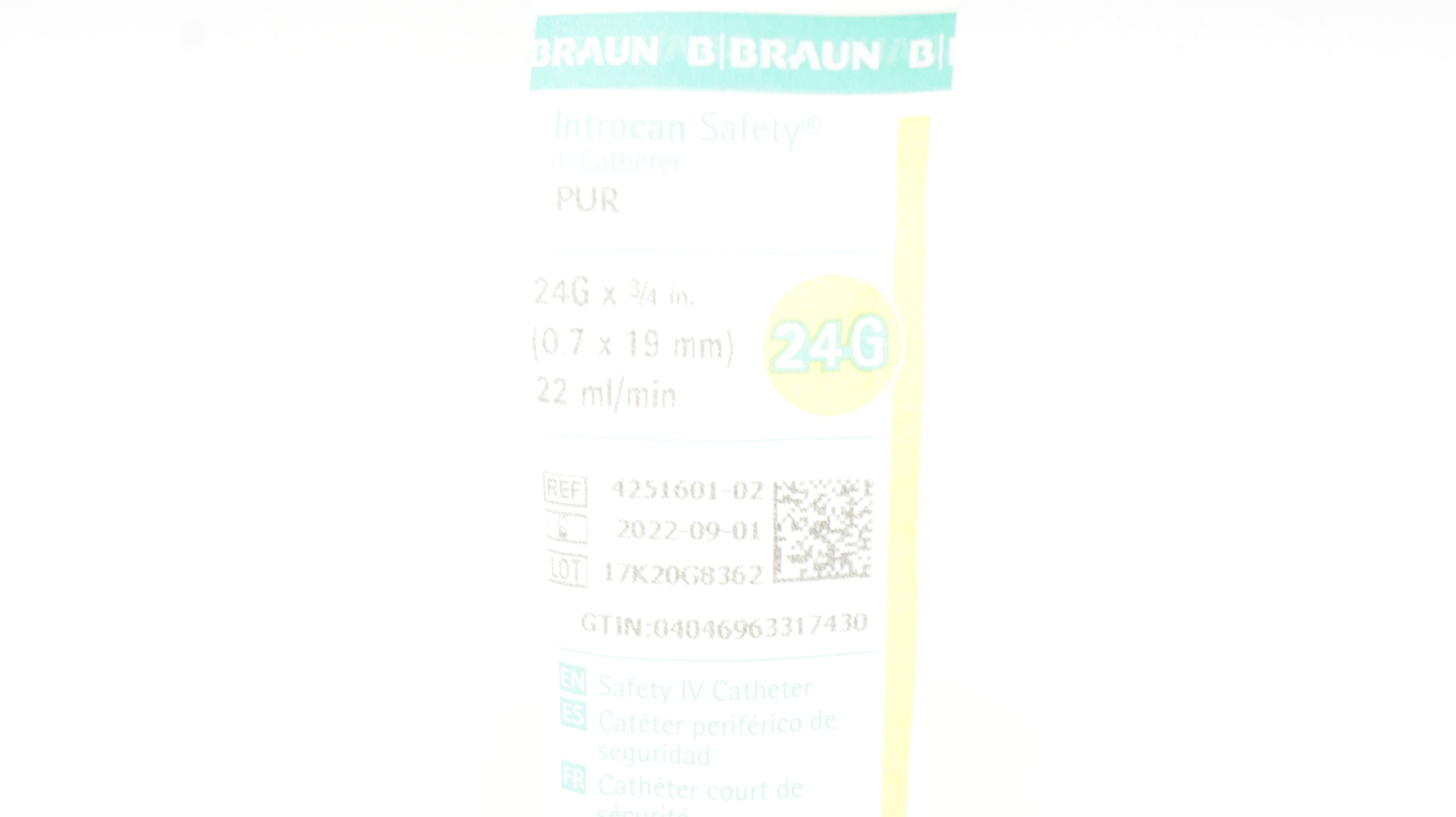 Braun 4251601-02 Introcan Safety Safety IV Cath. PUR 24 x 3/4inch, 22ml/min (x)