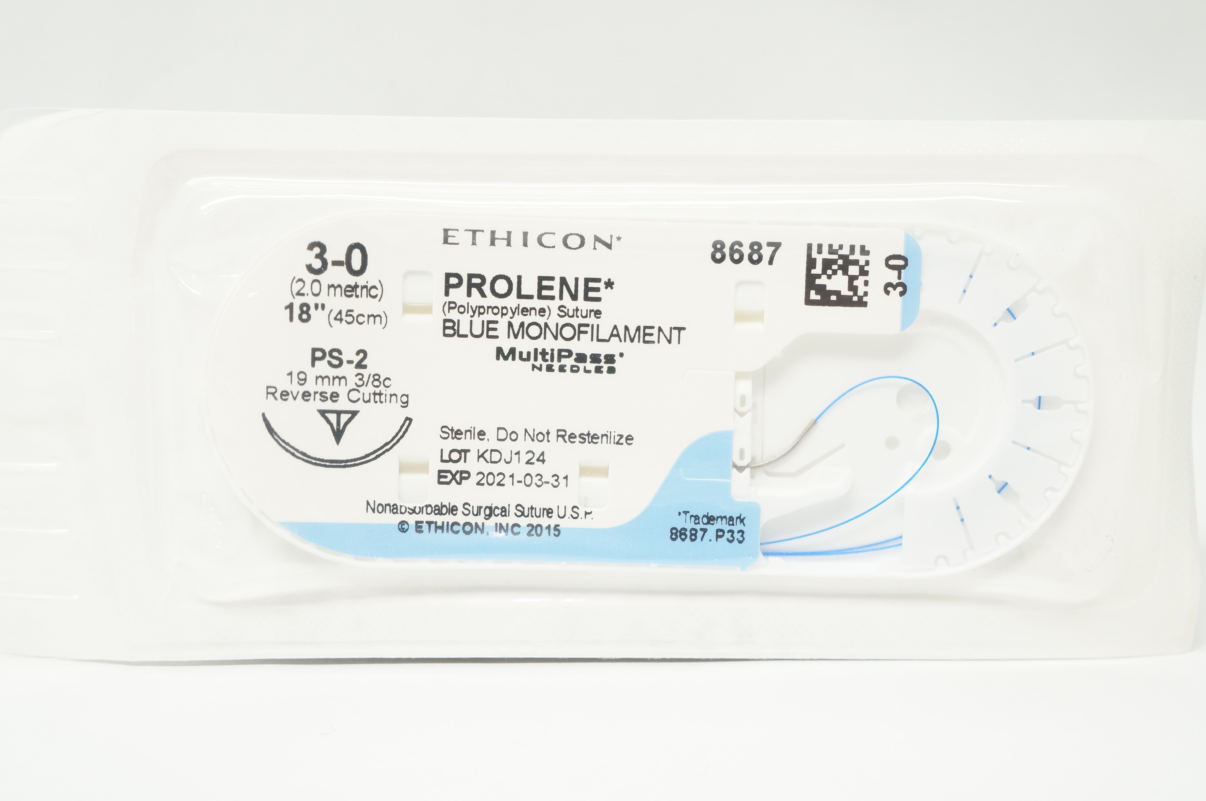 Ethicon 8687 3-0 Prolene Stre PS-2 19mm 3/8c ReverseCutting 18inch (x)