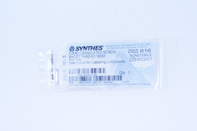 Synthes 202.616 3.0mm Cannulated Screw Short Thread 16mm