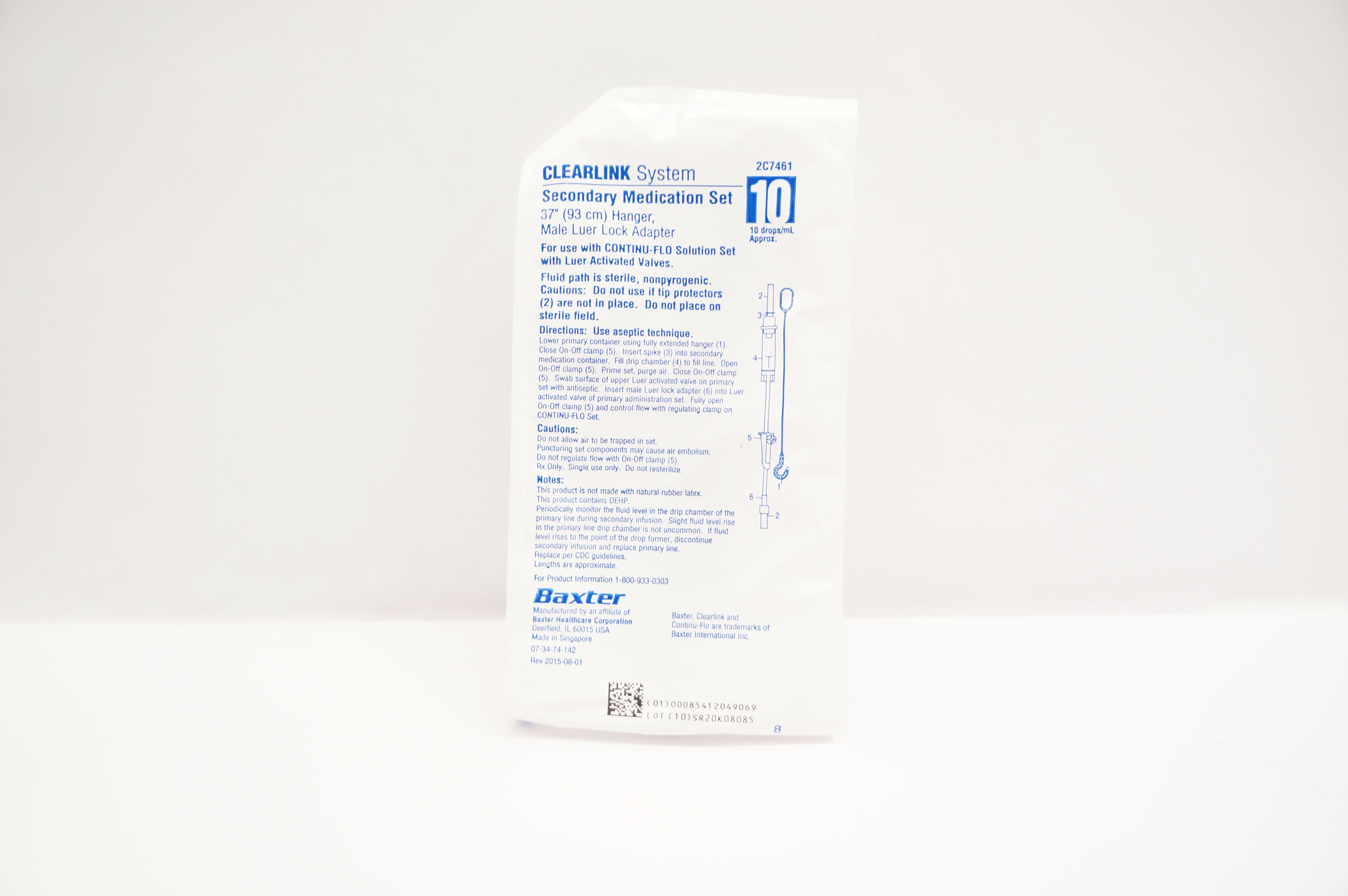 Baxter 2C7461 Clearlink System Secondary Medication Set 37inch Hanger 10drops/ml