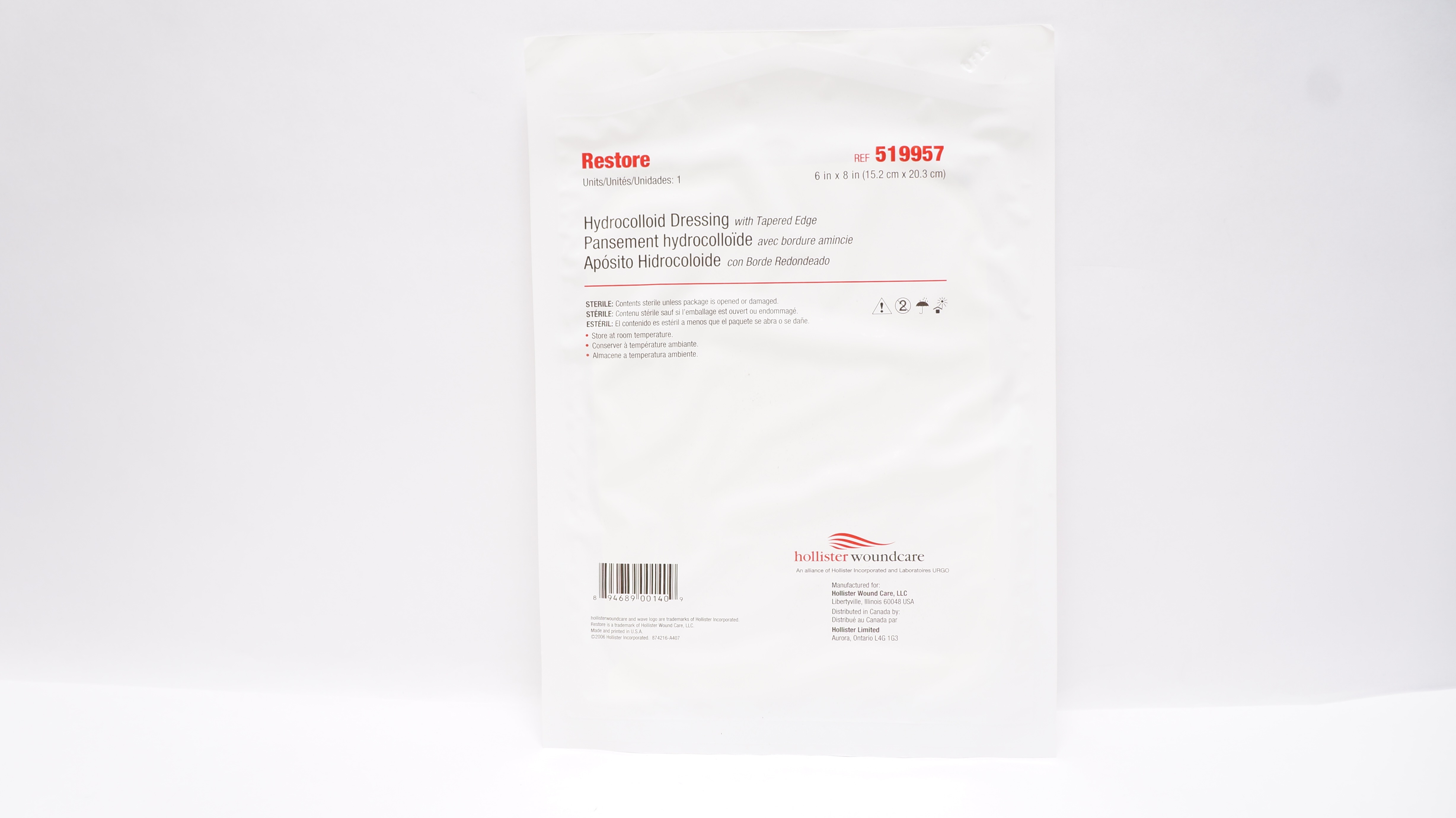 Hollister Woundcare 519957 Restore Hydrocolloid Dressing W/Tapered Edge 6In x8In