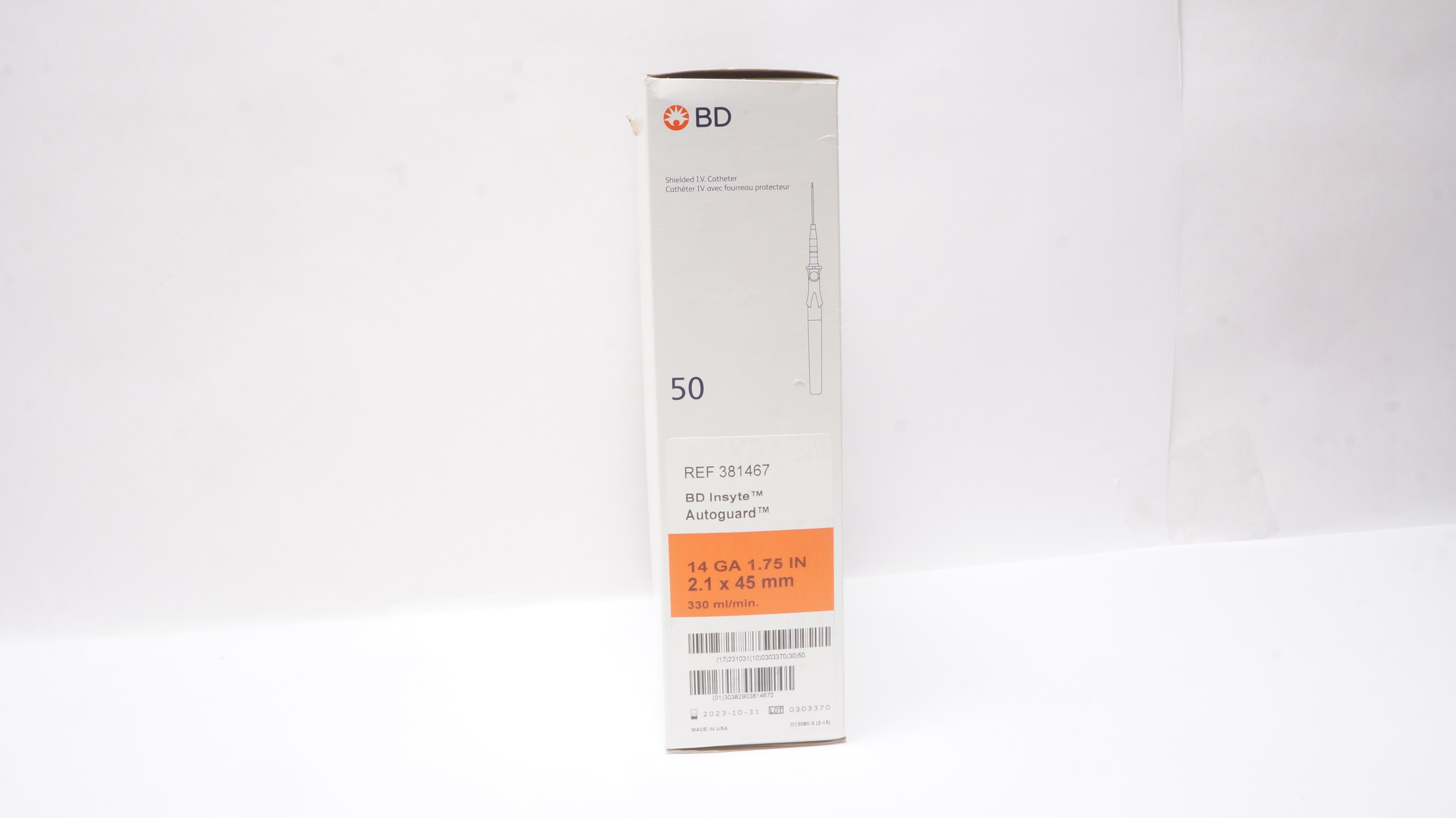 BD 381467 Insyte Autoguard Shielded I.V. Cath. 14GA x 1.75inch (x) - Box of 50