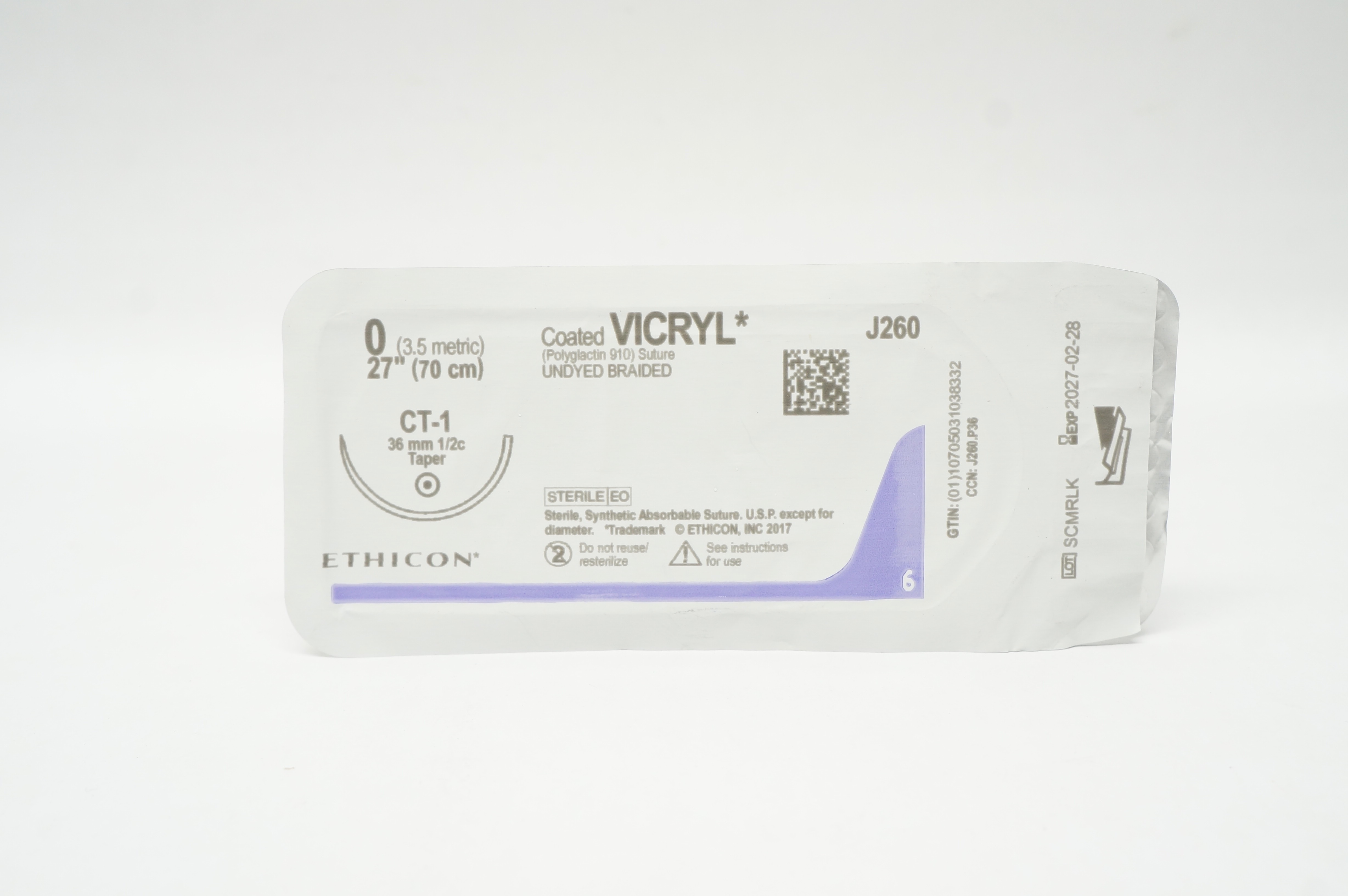 Ethicon J260 0 Coated VICRYL Undyed Braided, CT-1, 36mm 1/2c Taper, 27 inch