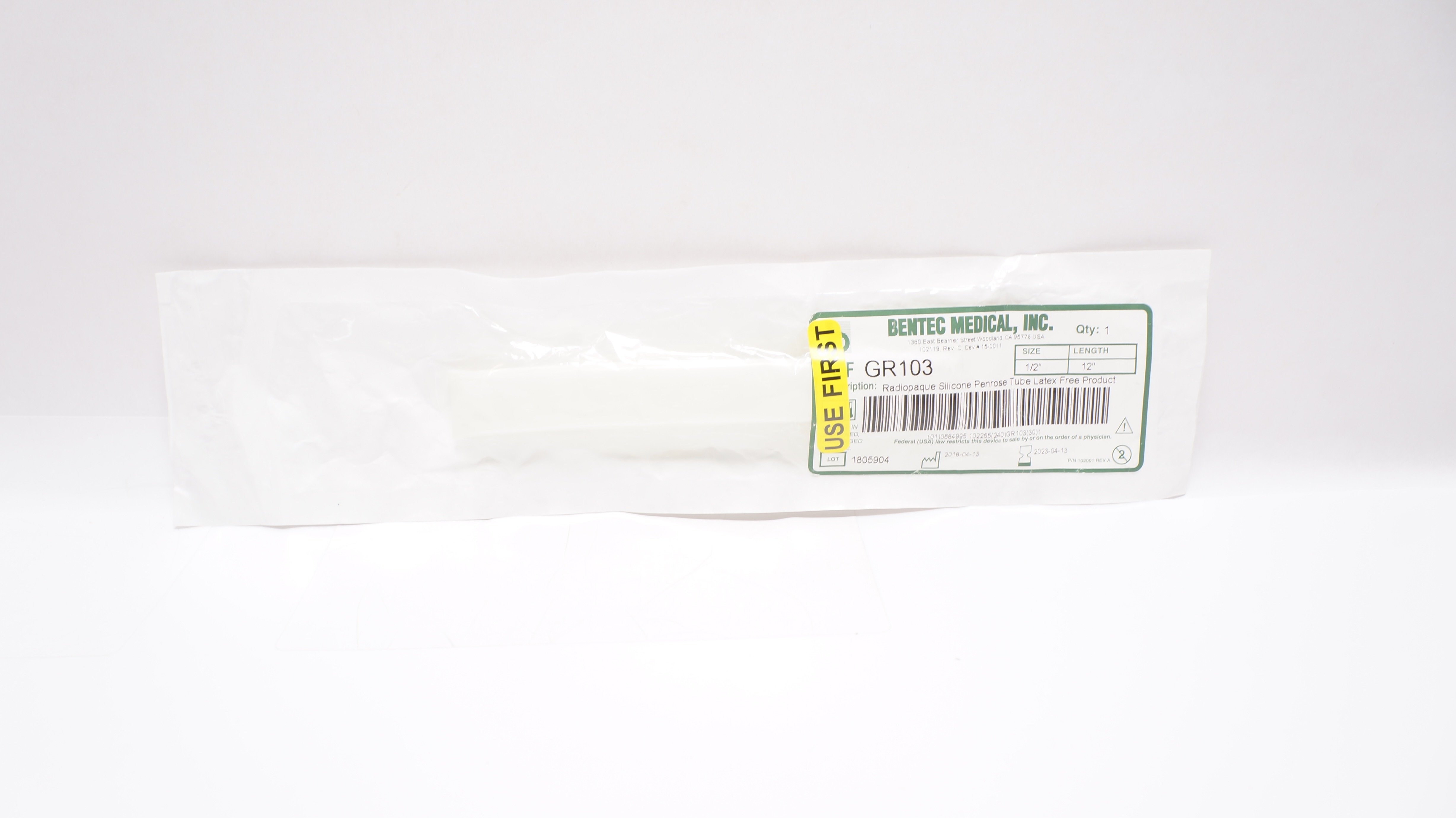 Bentec Medical GR103 Radiopaque Silicone Penrose Tube 1/2inch x 12inch (x)
