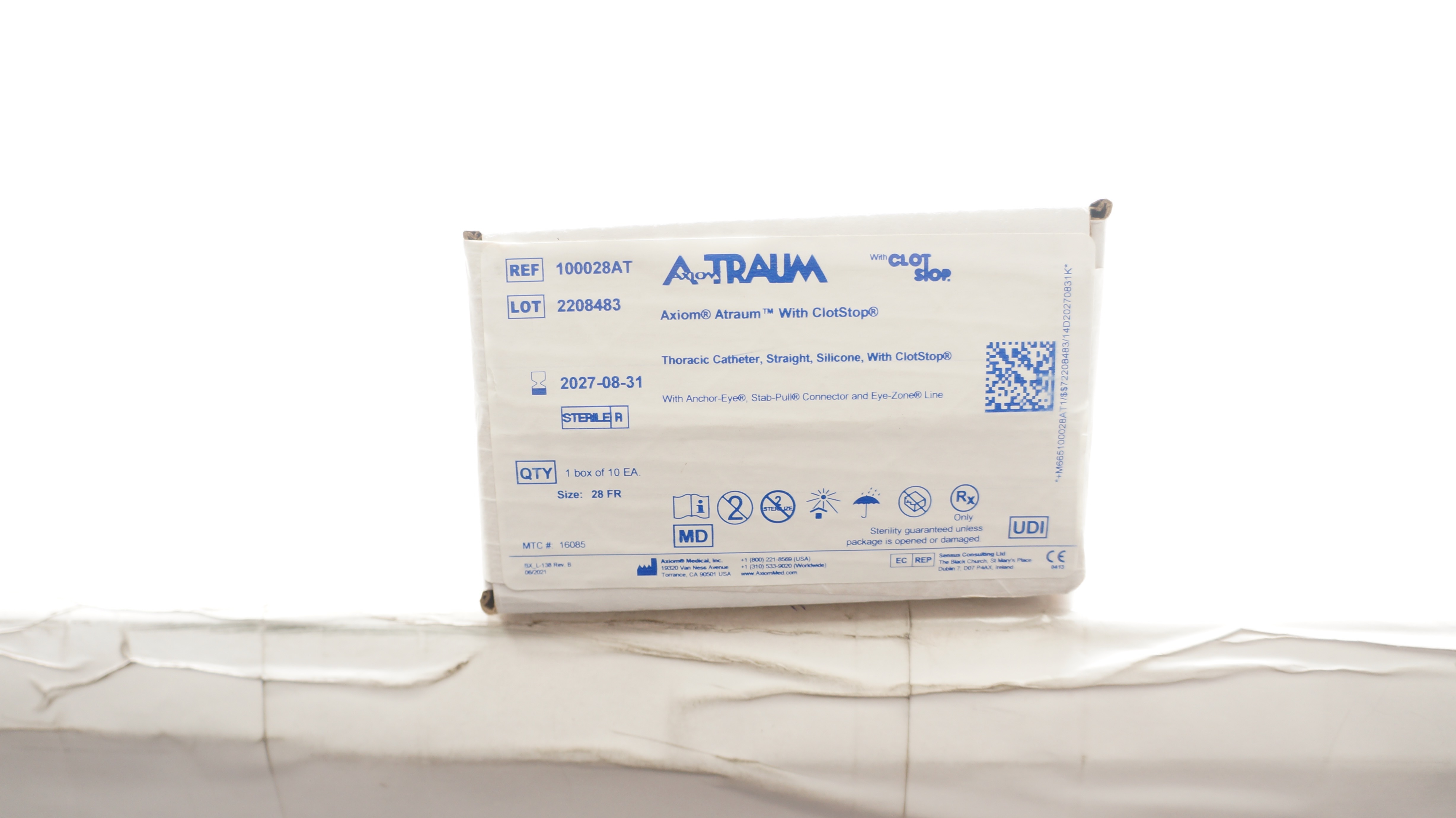 Axiom Medical 100028AT Atraum w/ClotStop Thoracic Cath. 28Fr - Box of 10