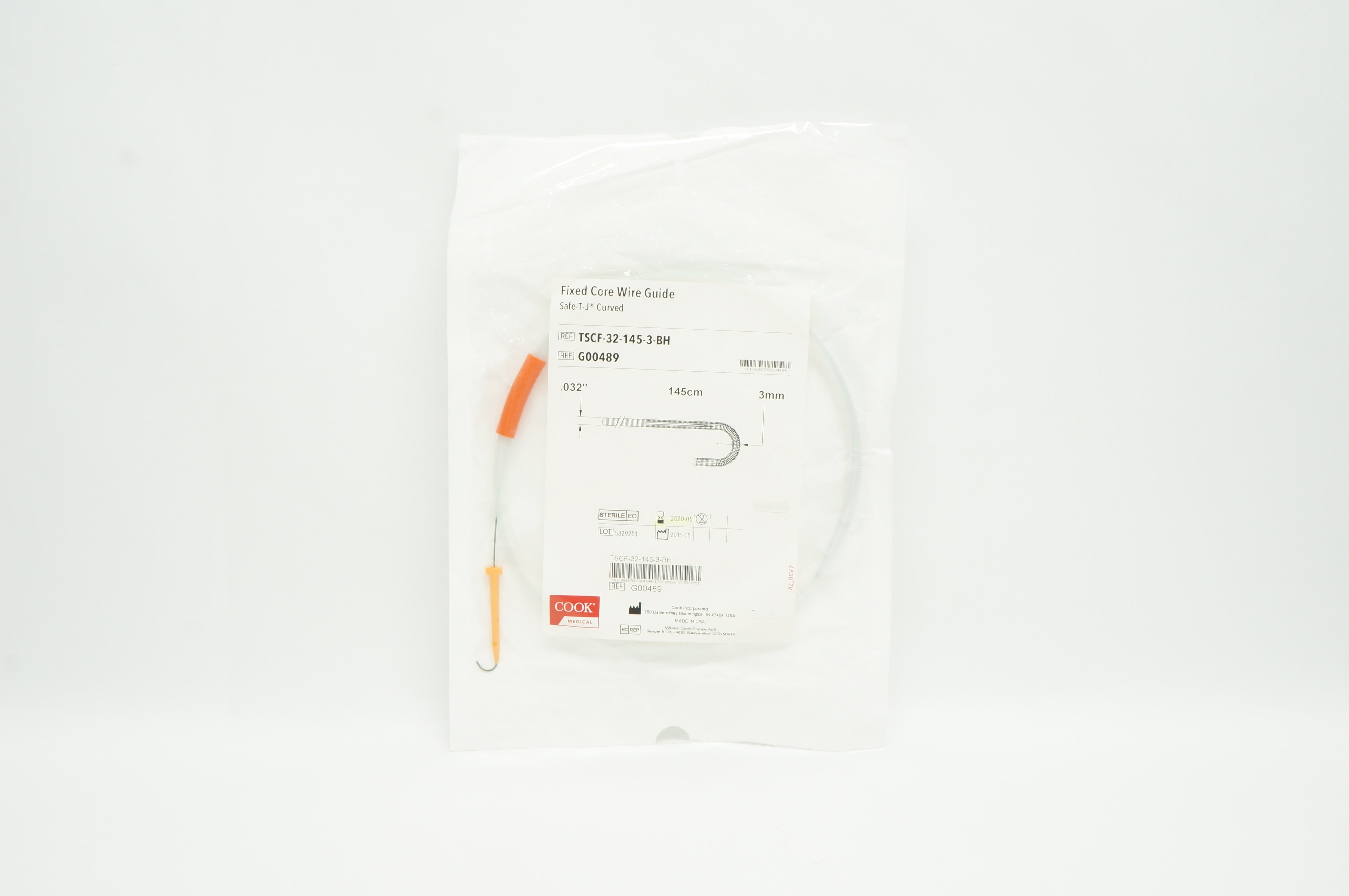 Cook Medical G00489 Fixed Core Wire Guide Safe-T-J Curved 0.032inx145cmx3mm (x)