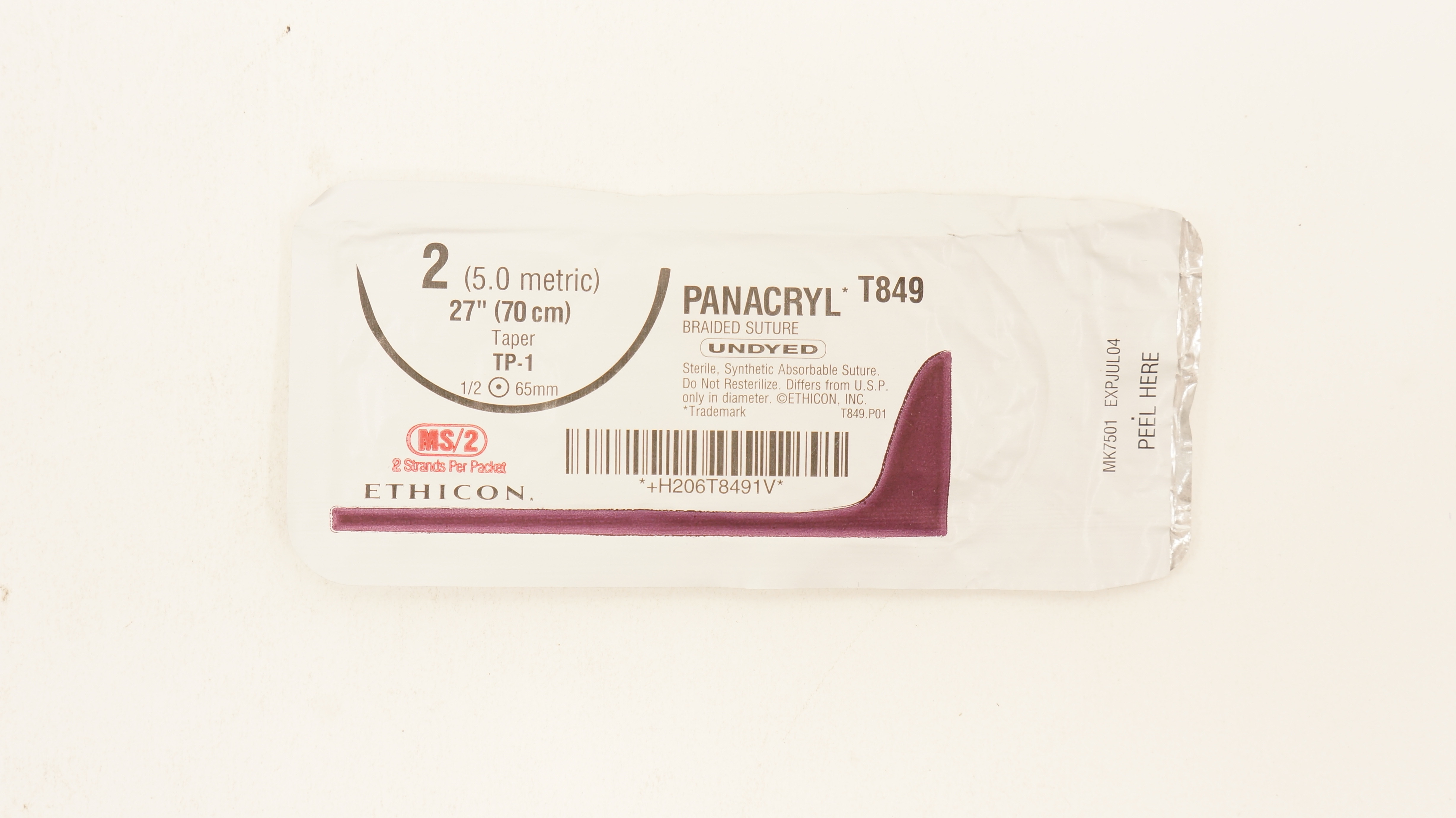 Ethicon T849 2 Panacryl Braided Stre Undyed TP-1 1/2 65mm Taper 27 inch MS/2 (x)