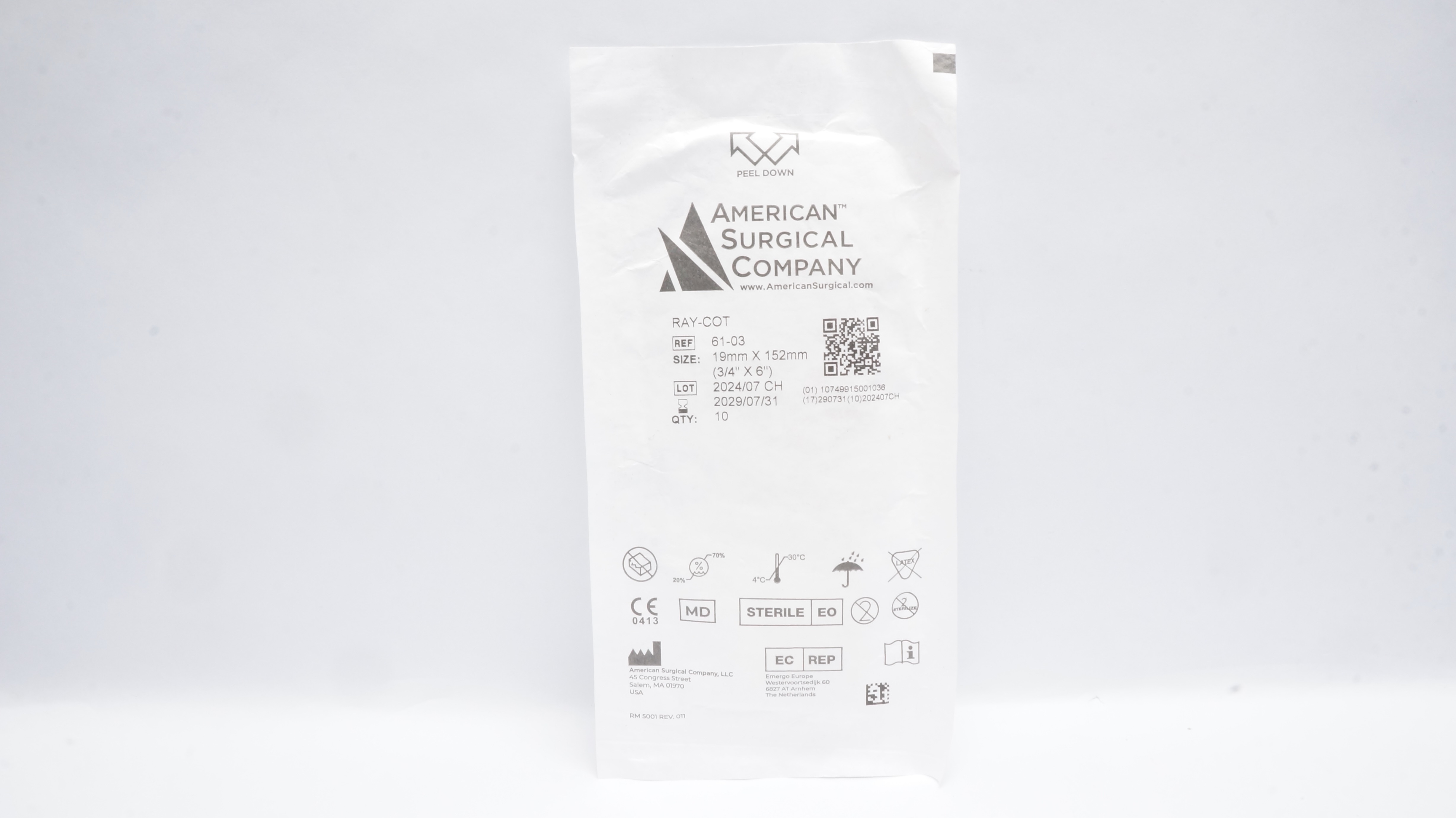 American Surgical 61-03 Ray-Cot Neurosurgical Patties 3/4 x 6inch - Pack of 10