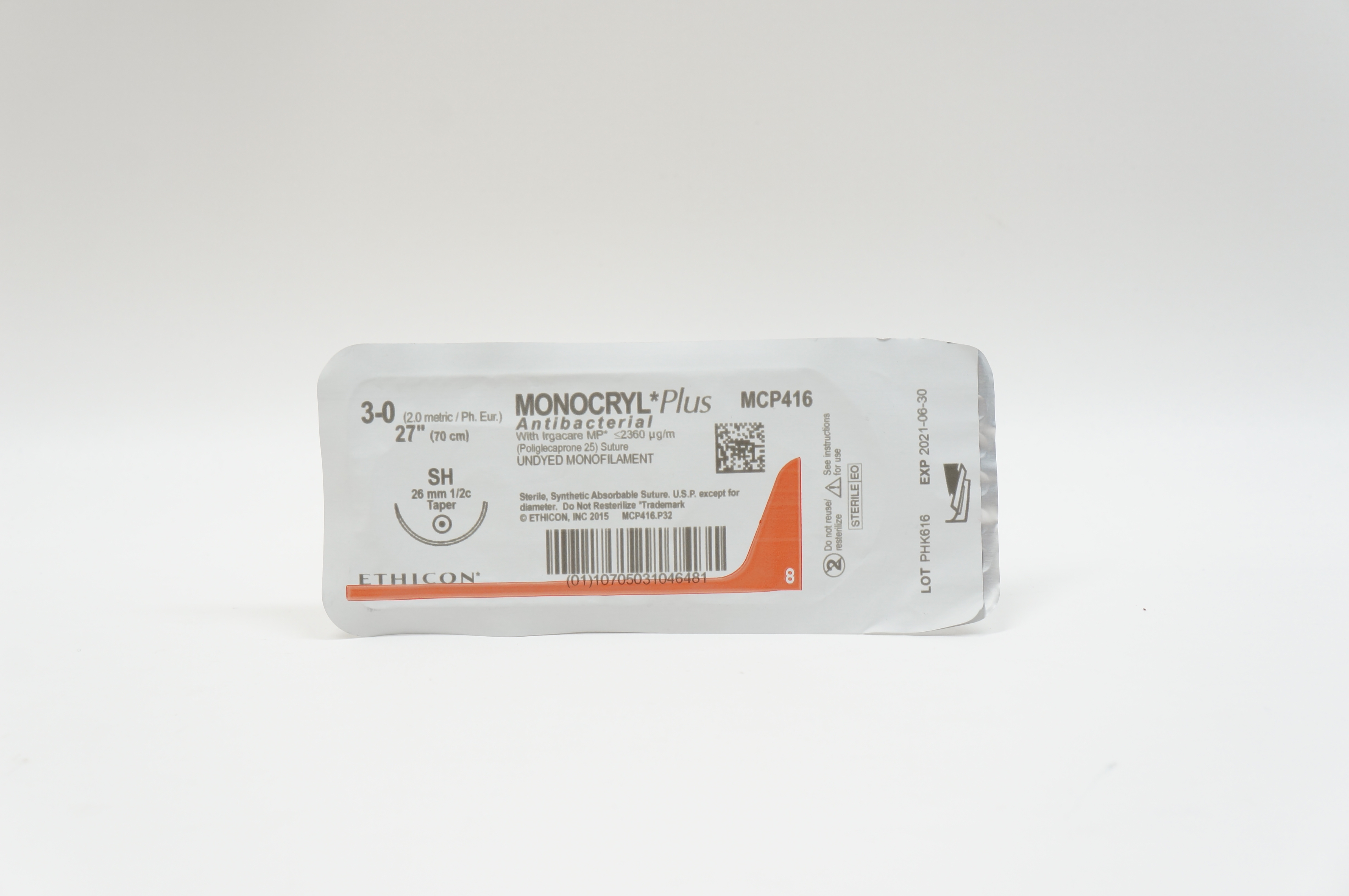Ethicon MCP416 3-0 MONOCRYL Plus, SH, 26mm 1/2c Taper, 27inch