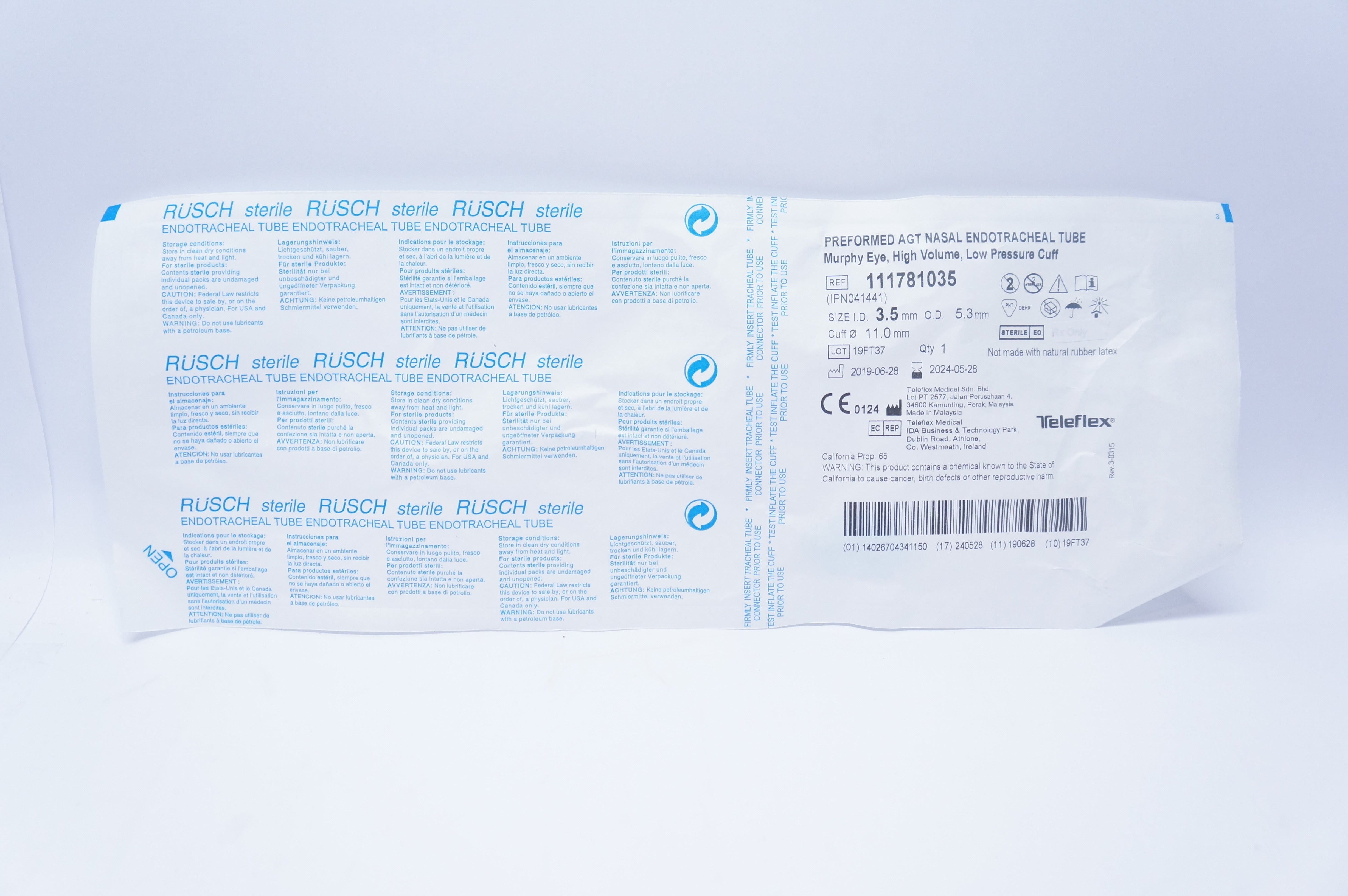 Teleflex 111781035 Preformed Agt Nasal Endotracheal Tube 3.5 x 5.3 x 11.0mm (x)