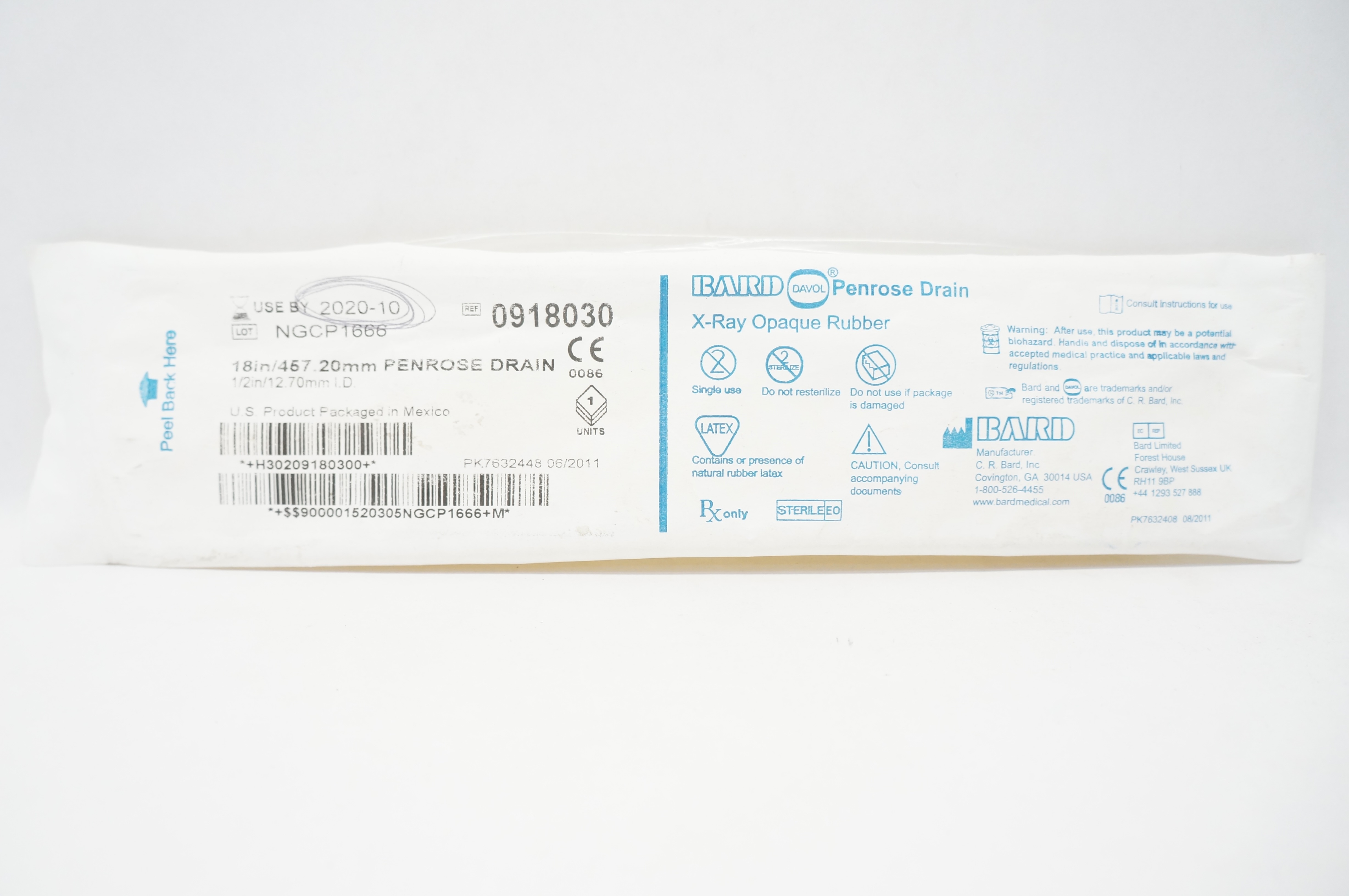 Bard 0918030 Davol Penrose Drain X-Ray Opaque Rubber 1/2inch ID x 18inch (x)