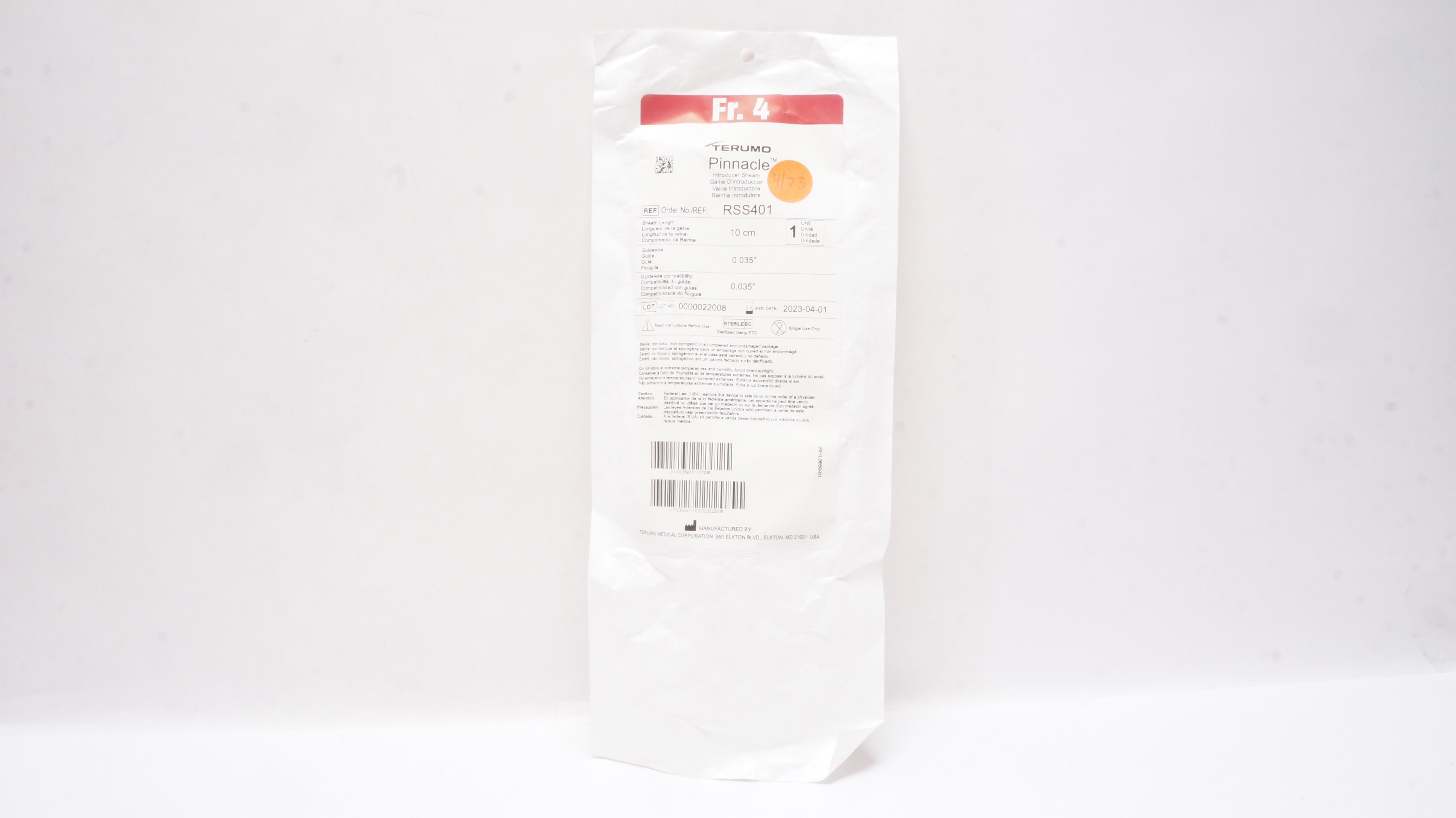 Terumo RSS401 Pinnacle Introducer Sheath 4Fr x 10cm x 0.035inch x 0.035inch