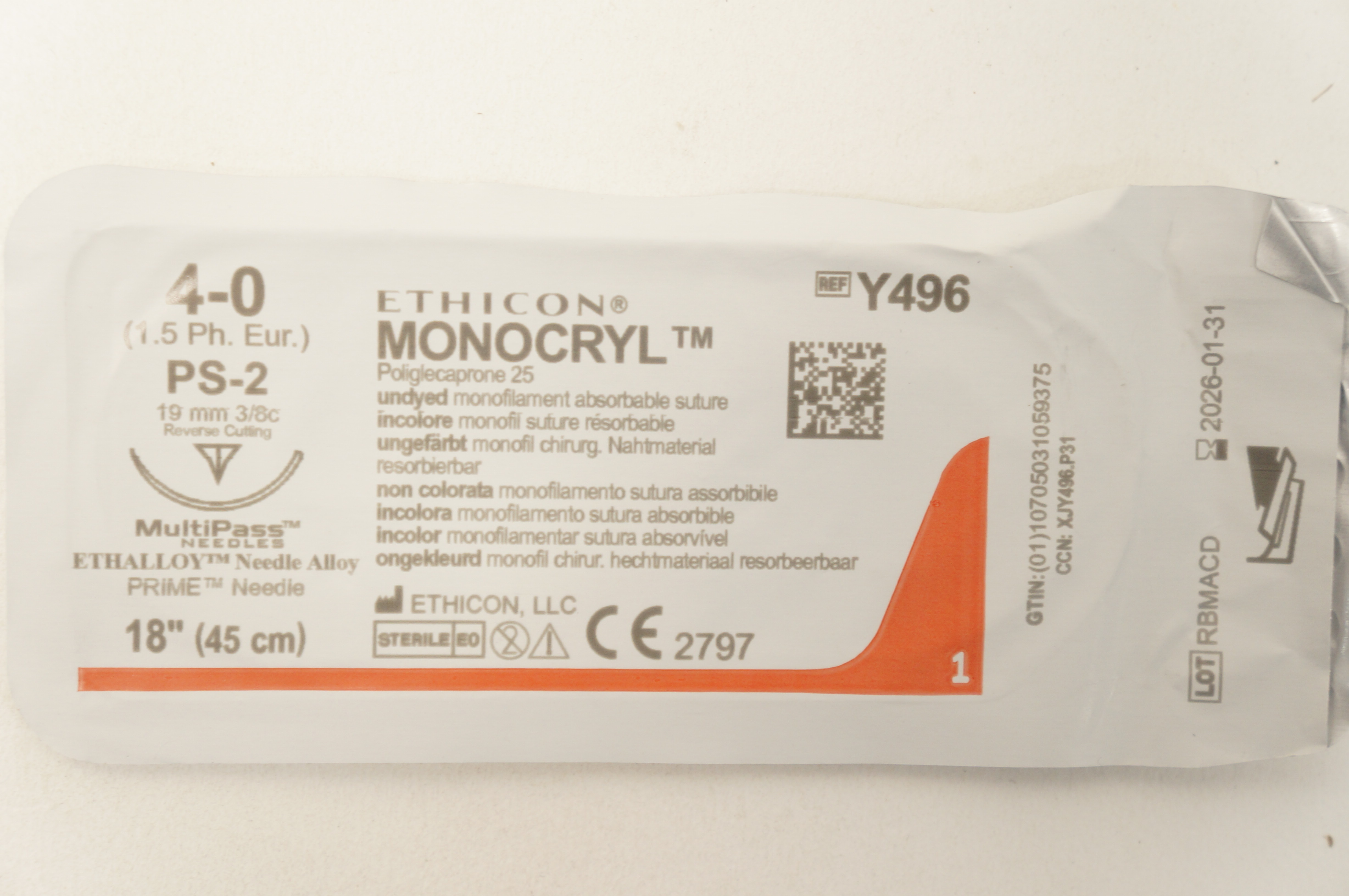 Ethicon Y496 4-0 Monocryl Undyed Stre PS-2 19mm 3/8c Reverse Cutting 18 inch