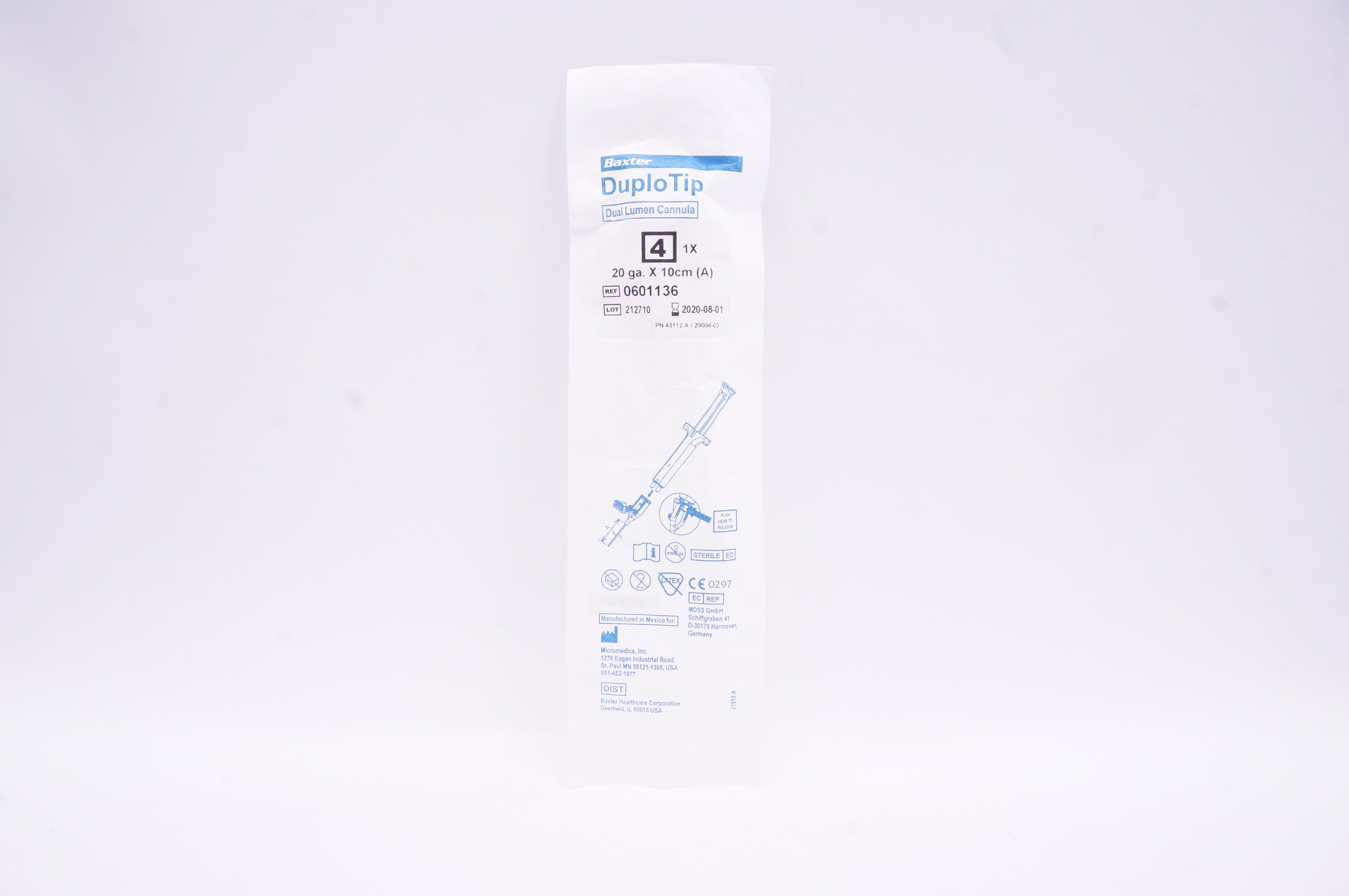 Micromedics 0601136 Baxter  DuploTip Dual Lumen Cannula 20 ga. x 10cm (x)
