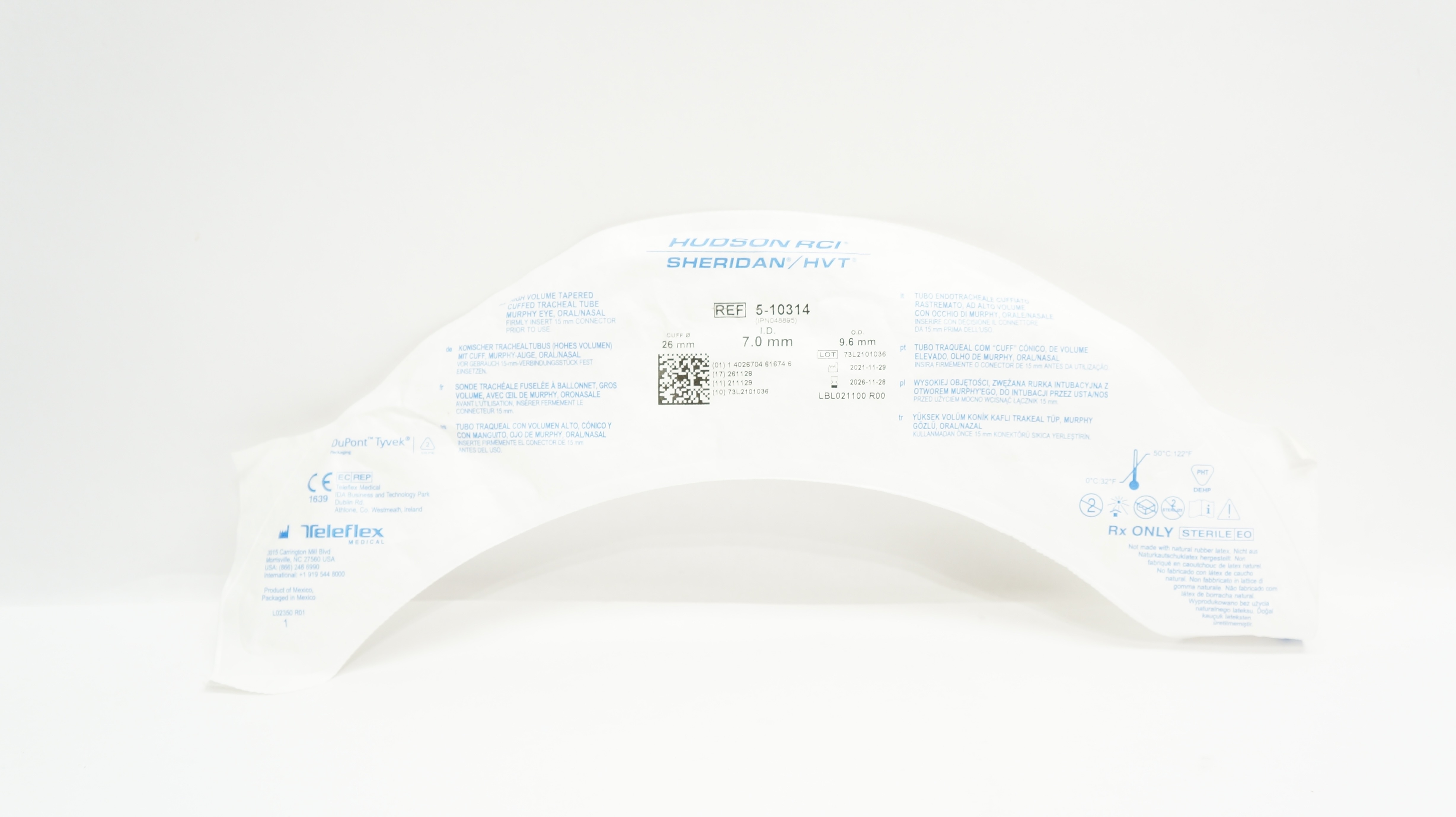 Teleflex 5-10314 Hudson RCI Sheridan HVT Cuffed Tracheal Tube 7.0 x 9.6 x 26mm