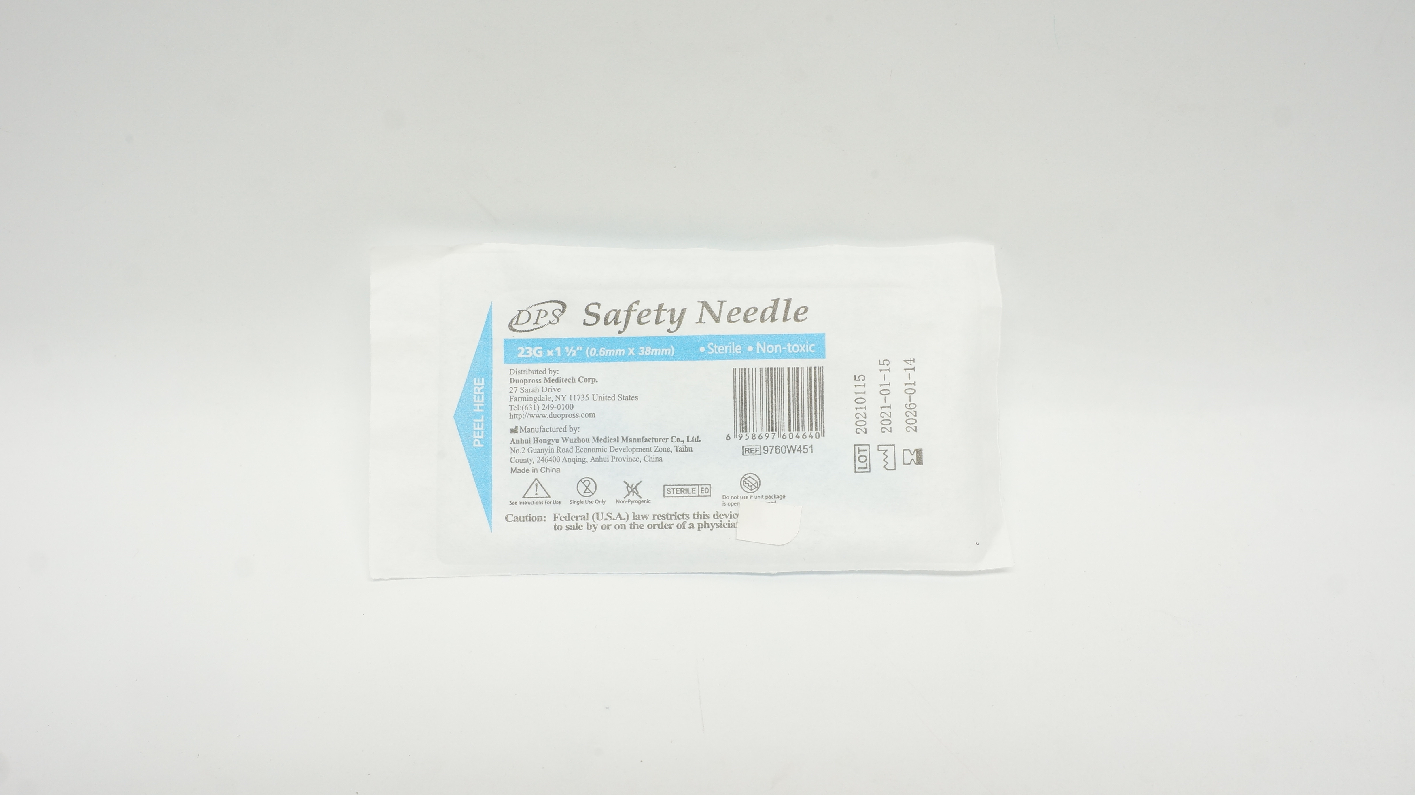 Anhui Hongyu Wuzhou Medical 9760W451 DPS Safety Needle 23G x 1 1/2inch