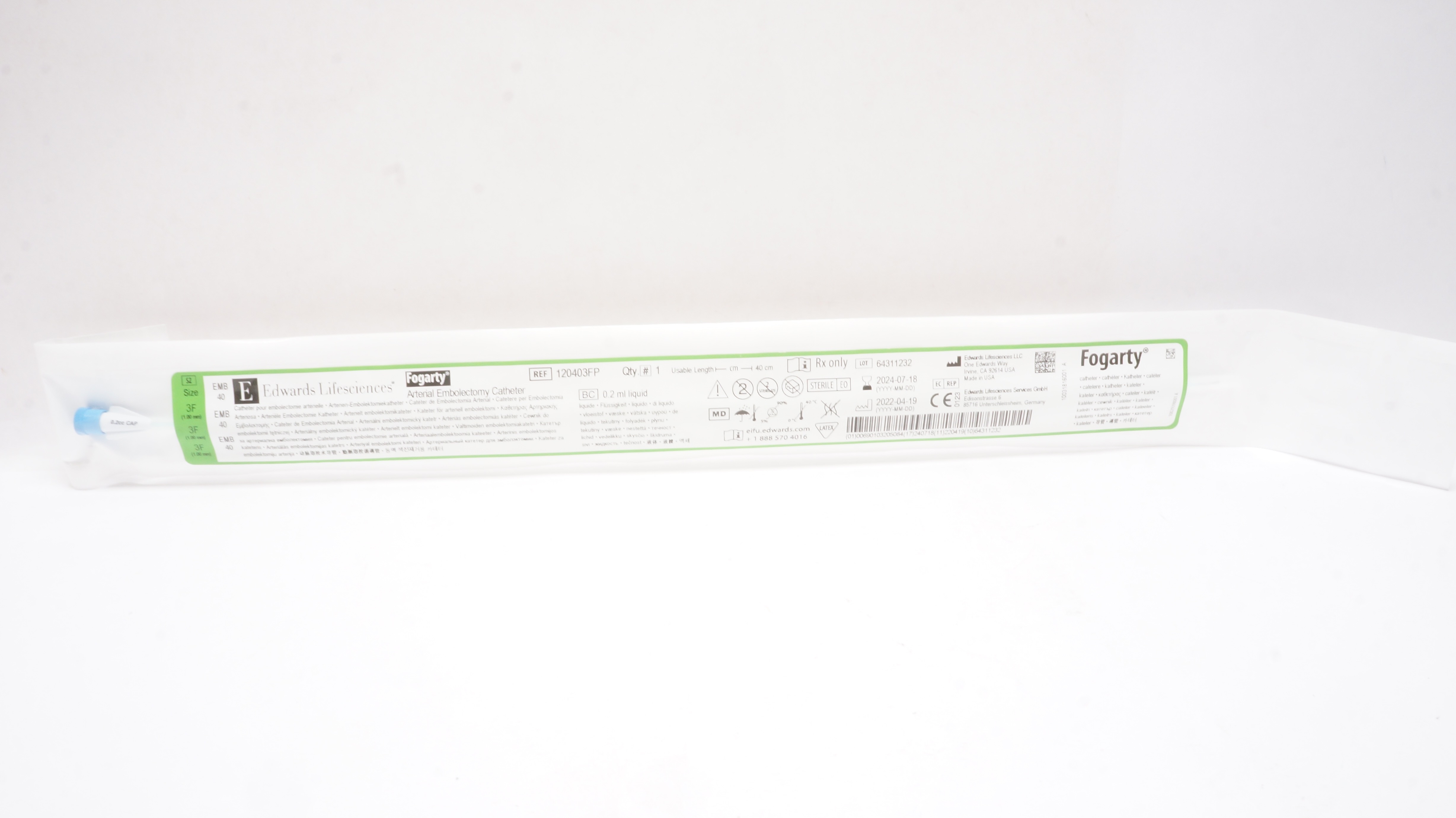 Edwards Lifesciences 120403FP Fogarty Arterial Embolectomy Cath. 3F x 40cm