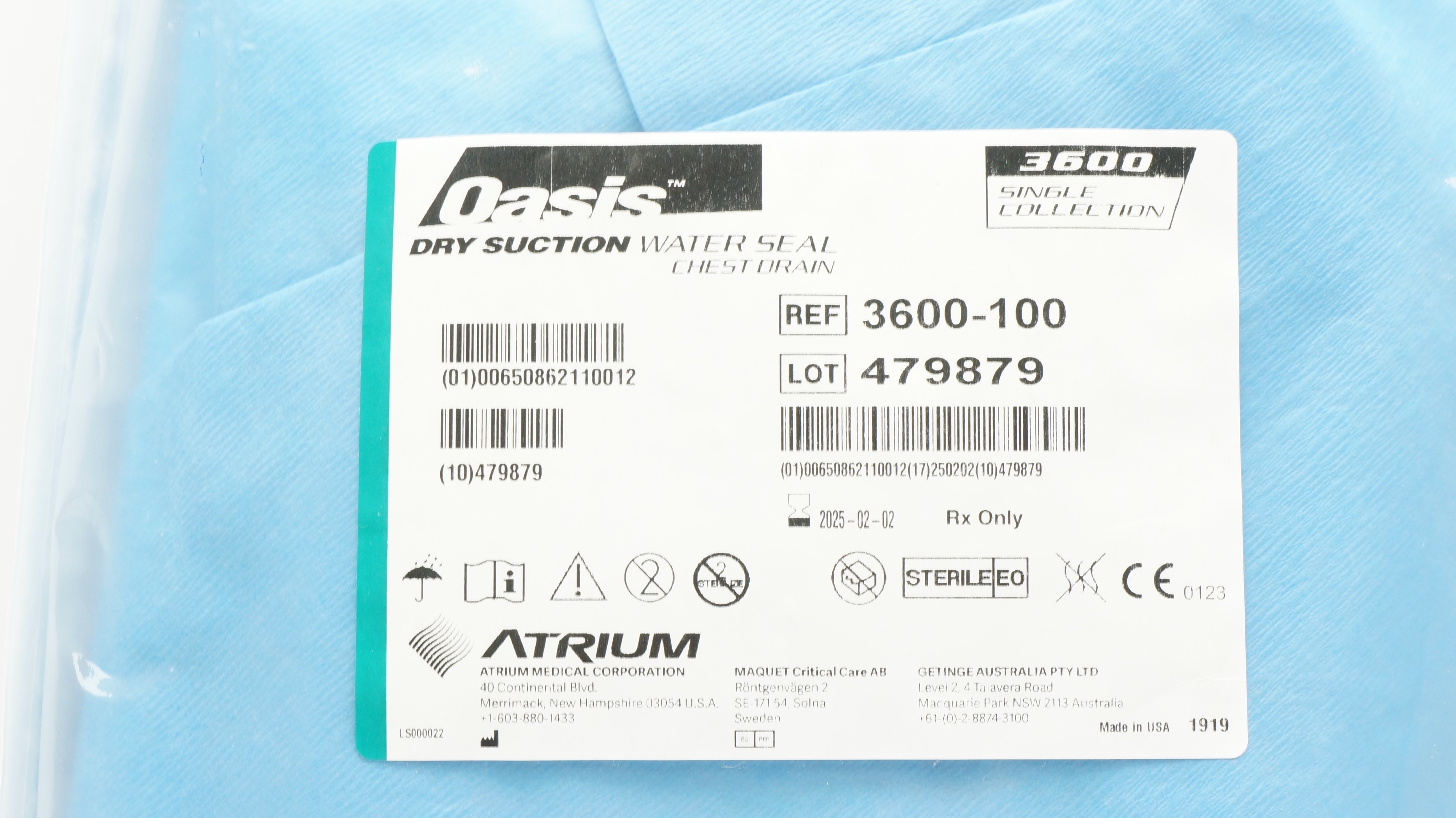 Atrium 3600-100 Oasis Dry Suction Water Seal Chest Drain Thoracic Drainage (x)