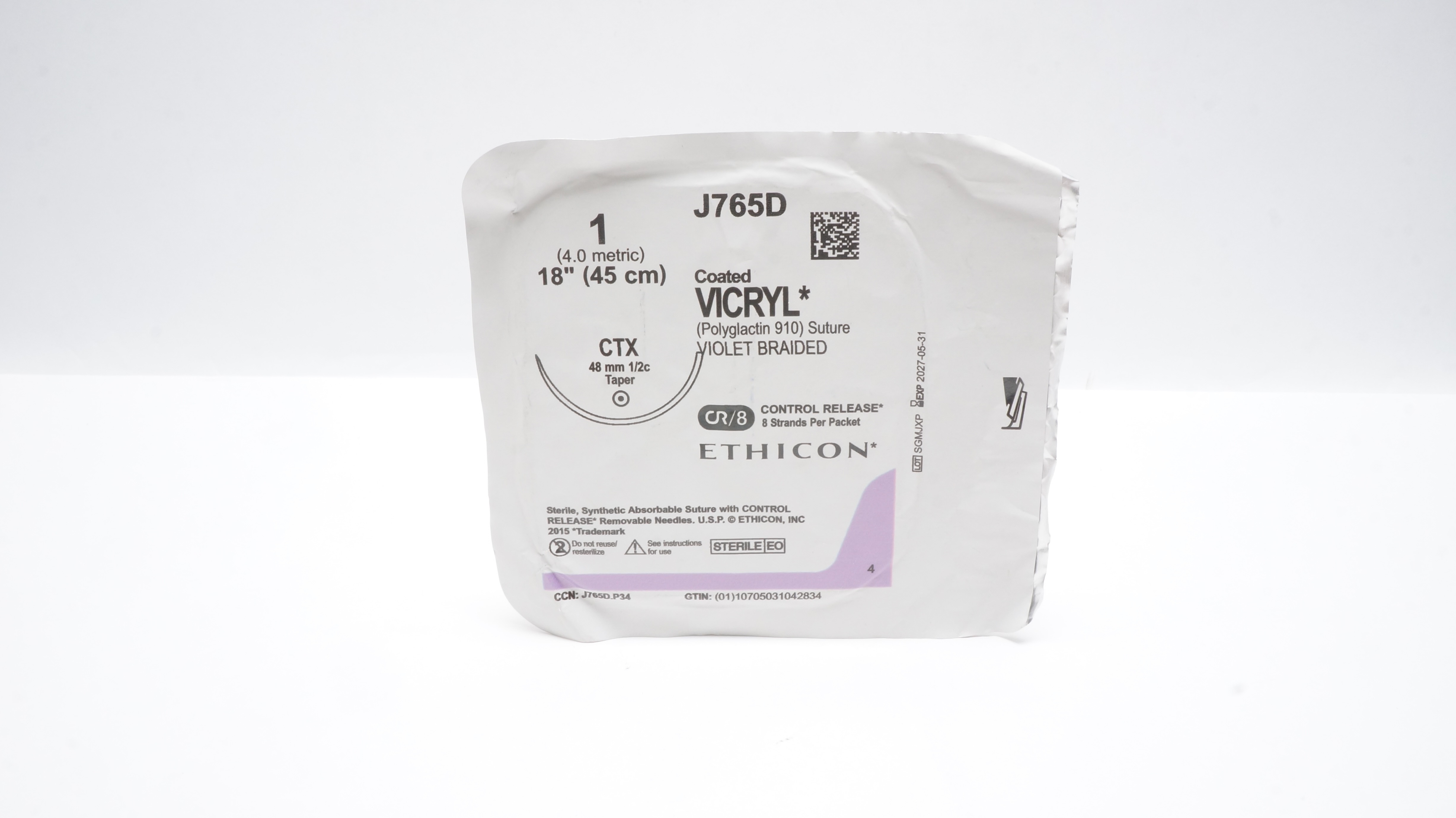 Ethicon J765D 1 Coated VICRYL Polyglactin Stre CTX 48mm 1/2c Taper, 18inch