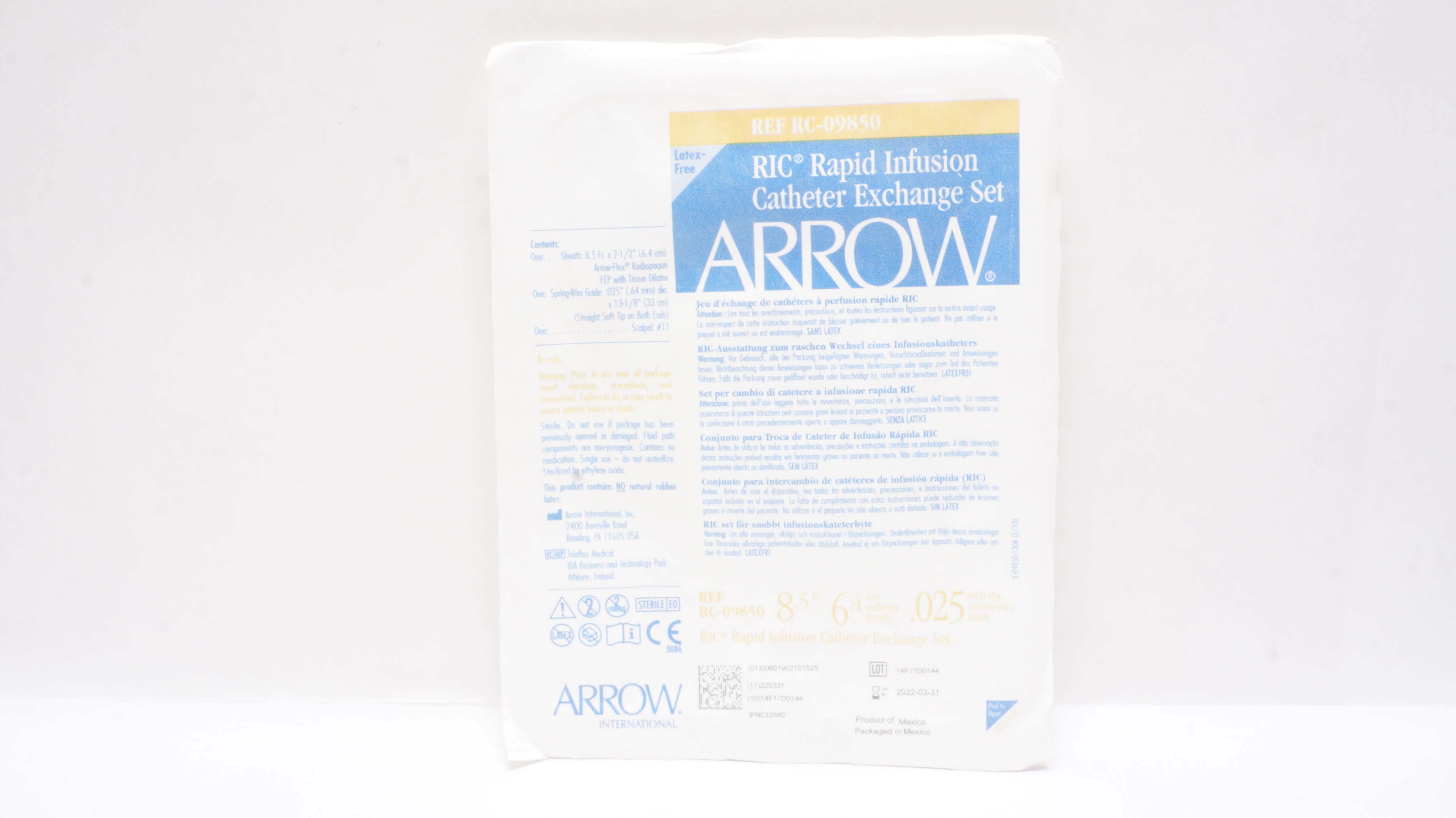 Arrow RC-09850 RIC Rapid Infusion Cath. Exchange Set 8.5Fr x 6.4cm x .025inch(x)
