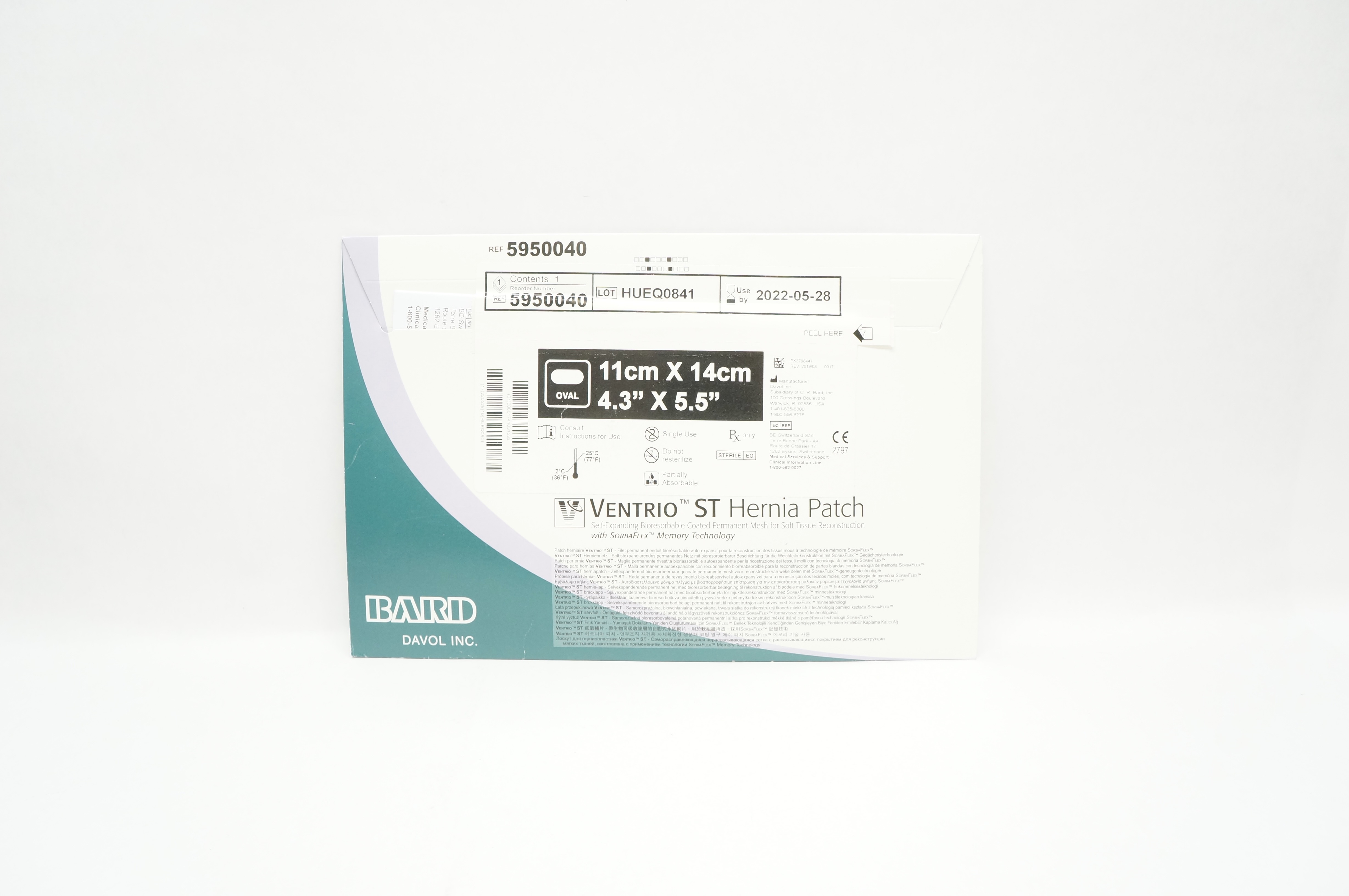 Bard 5950040 Davol Ventrio ST Hernia Patch Oval 4.3inch x 5.5inch (x)