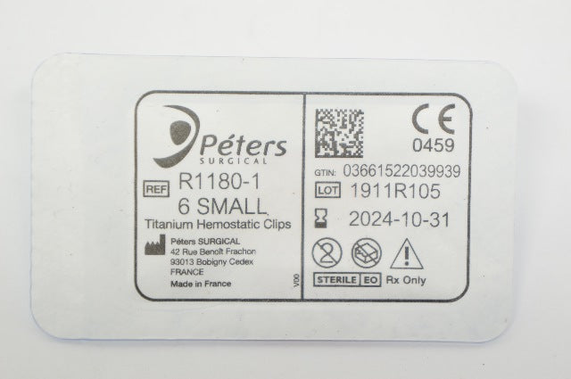 Peters Surgical R1180-1, 6 Titanium Hemostatic Clips, Small