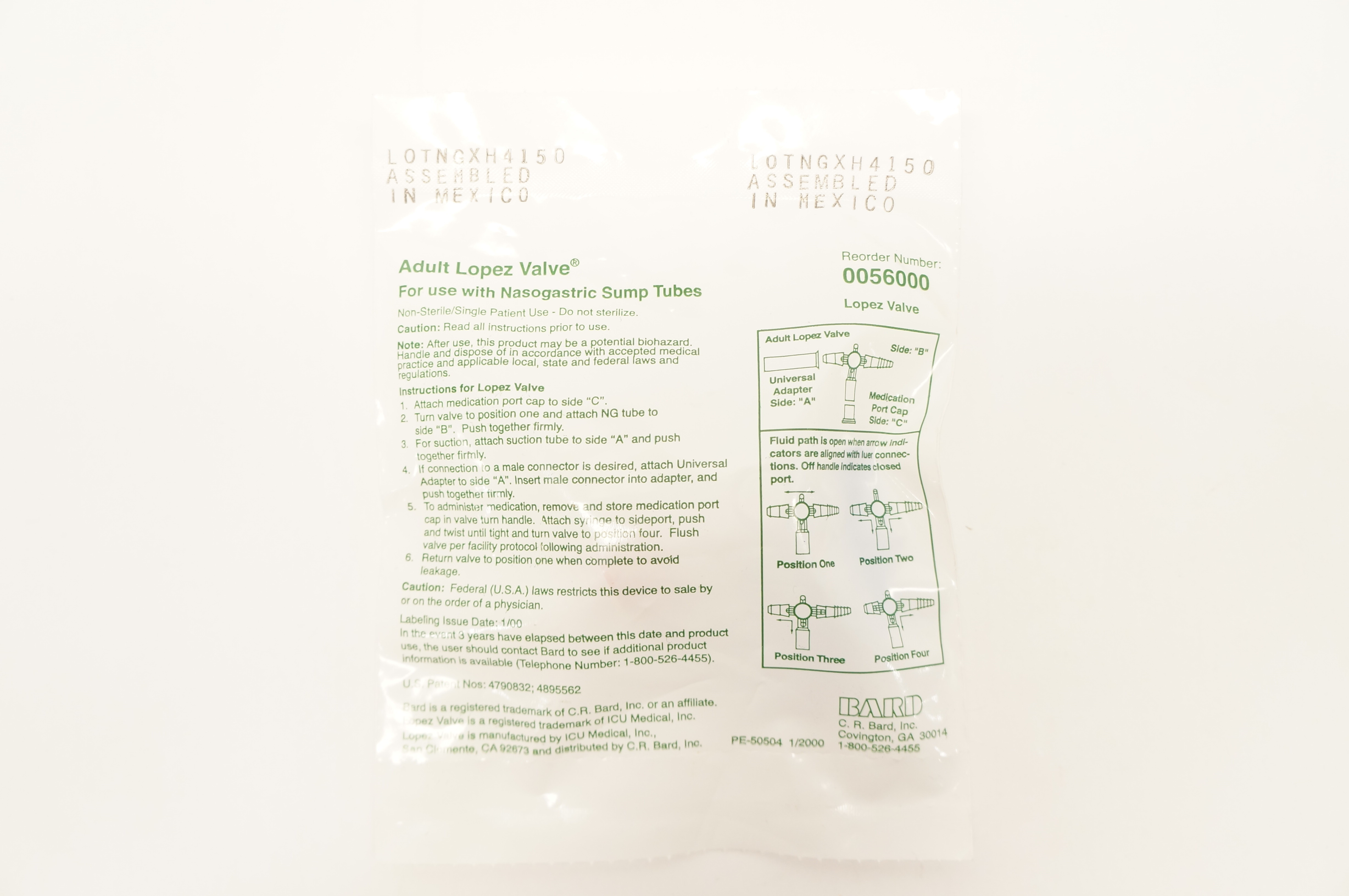 Bard 0056000 Adult Lopez Valve with Nasogastric Sump Tubes